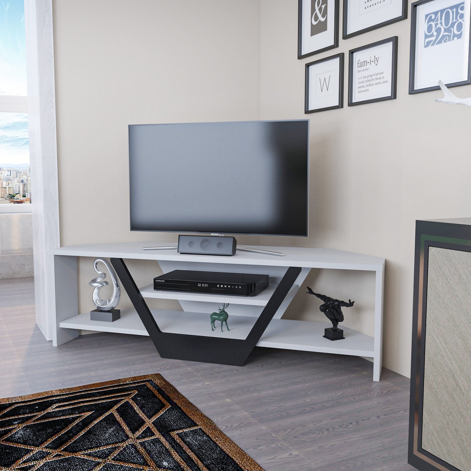 Suporte de TV elegante, 120 cm de largura, branco e preto, 100% aglomerado revestido em melamina, 18 mm de espessura | Design moderno para salas de estar e espaços de entretenimento