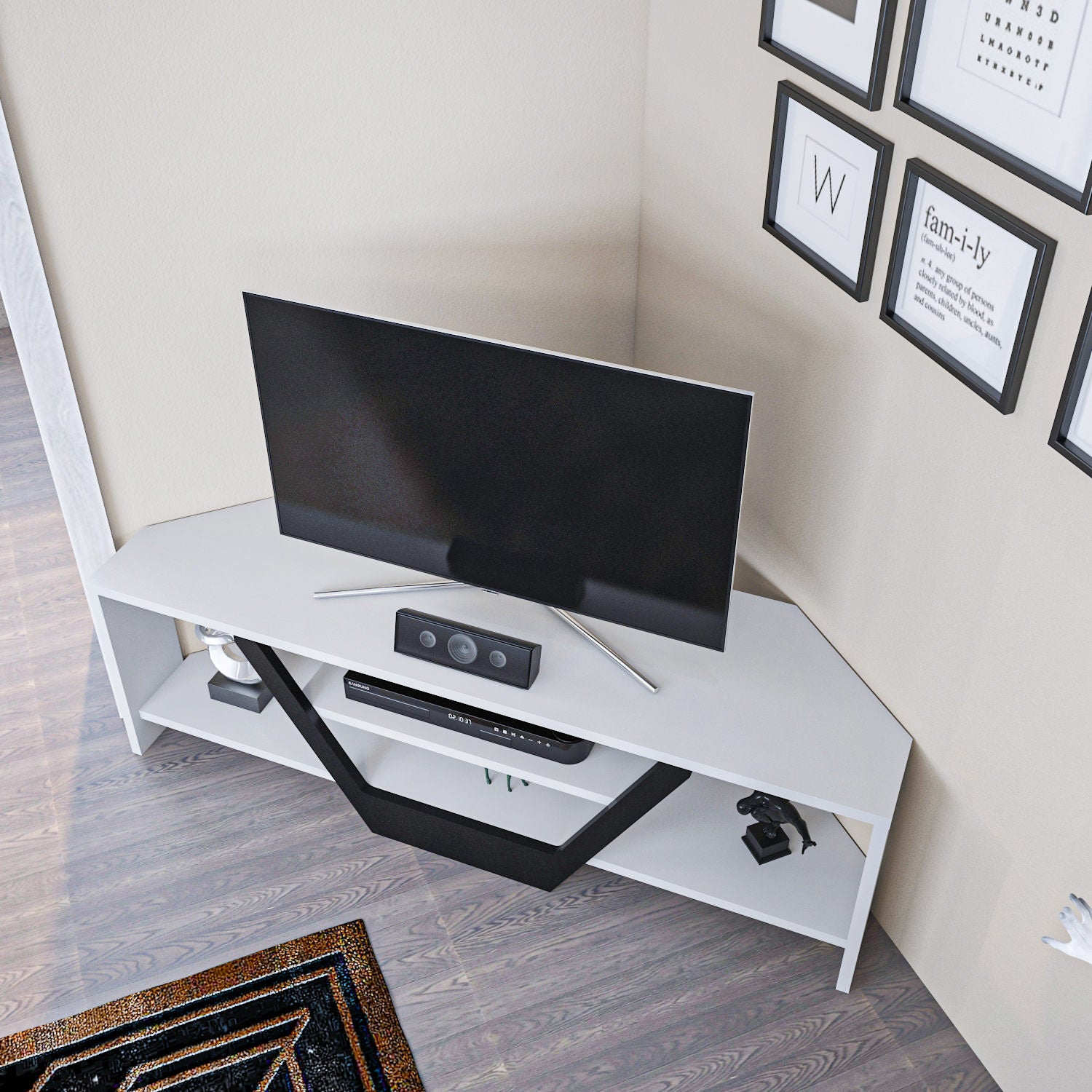 Suporte de TV elegante, 120 cm de largura, branco e preto, 100% aglomerado revestido em melamina, 18 mm de espessura | Design moderno para salas de estar e espaços de entretenimento