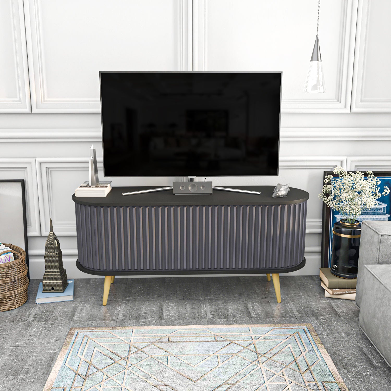 Suporte de TV elegante, preto e antracite, 140 x 43 x 64 cm | Painel de partículas 100% revestido de melamina, 18 mm de espessura | Design moderno para salas de estar e espaços de entretenimento