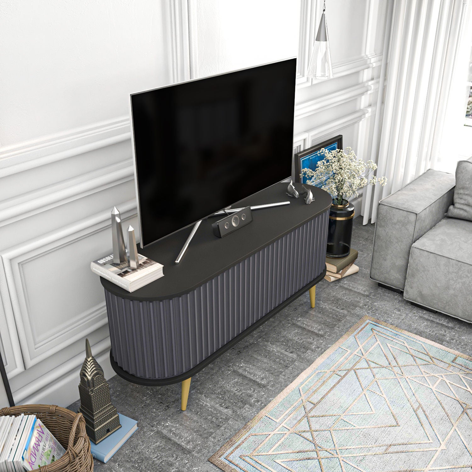 Suporte de TV elegante, preto e antracite, 140 x 43 x 64 cm | Painel de partículas 100% revestido de melamina, 18 mm de espessura | Design moderno para salas de estar e espaços de entretenimento