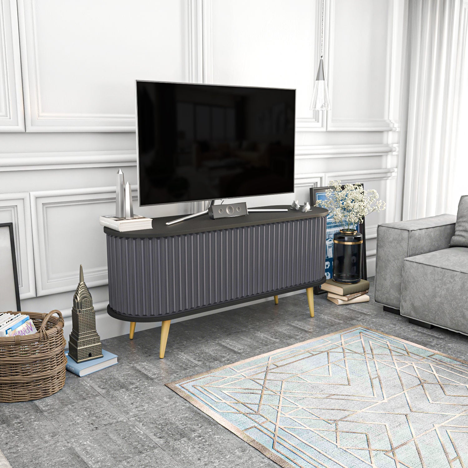 Suporte de TV elegante, preto e antracite, 140 x 43 x 64 cm | Painel de partículas 100% revestido de melamina, 18 mm de espessura | Design moderno para salas de estar e espaços de entretenimento