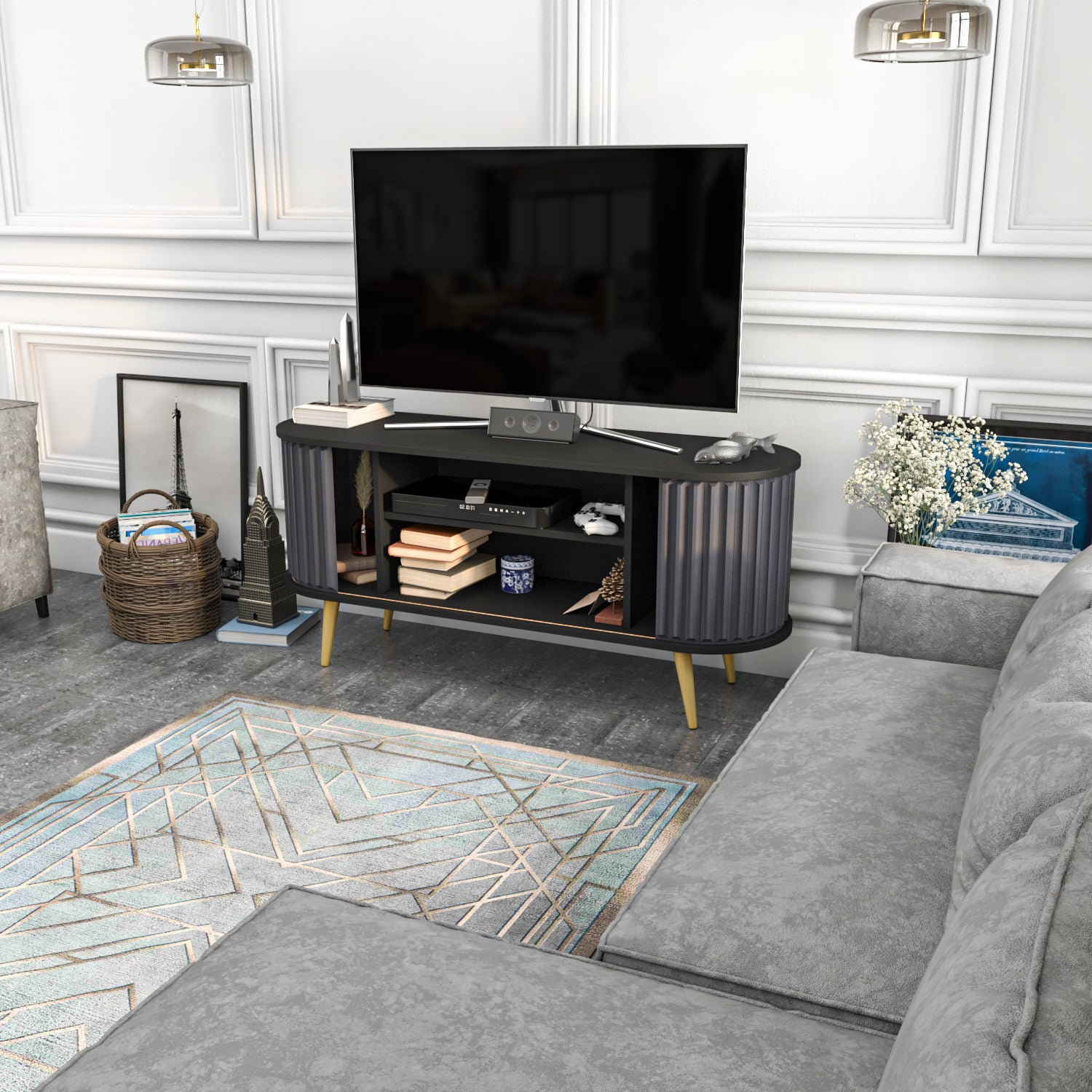 Suporte de TV elegante, preto e antracite, 140 x 43 x 64 cm | Painel de partículas 100% revestido de melamina, 18 mm de espessura | Design moderno para salas de estar e espaços de entretenimento