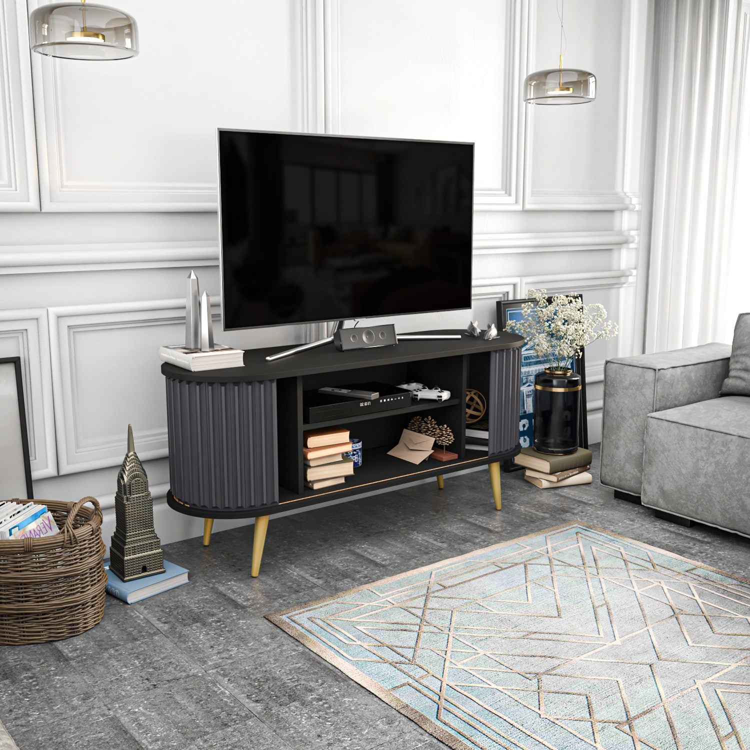 Suporte de TV elegante, preto e antracite, 140 x 43 x 64 cm | Painel de partículas 100% revestido de melamina, 18 mm de espessura | Design moderno para salas de estar e espaços de entretenimento