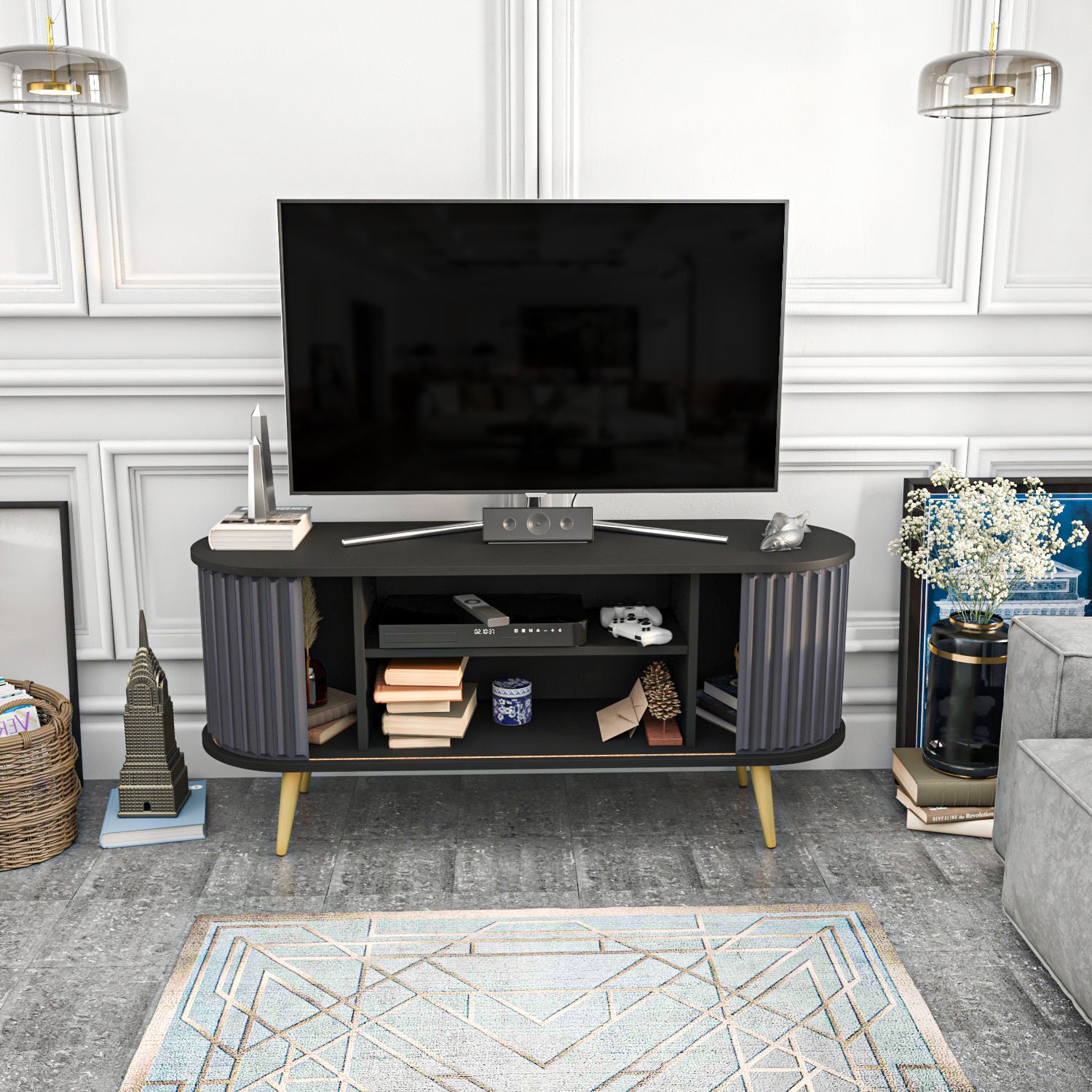 Suporte de TV elegante, preto e antracite, 140 x 43 x 64 cm | Painel de partículas 100% revestido de melamina, 18 mm de espessura | Design moderno para salas de estar e espaços de entretenimento