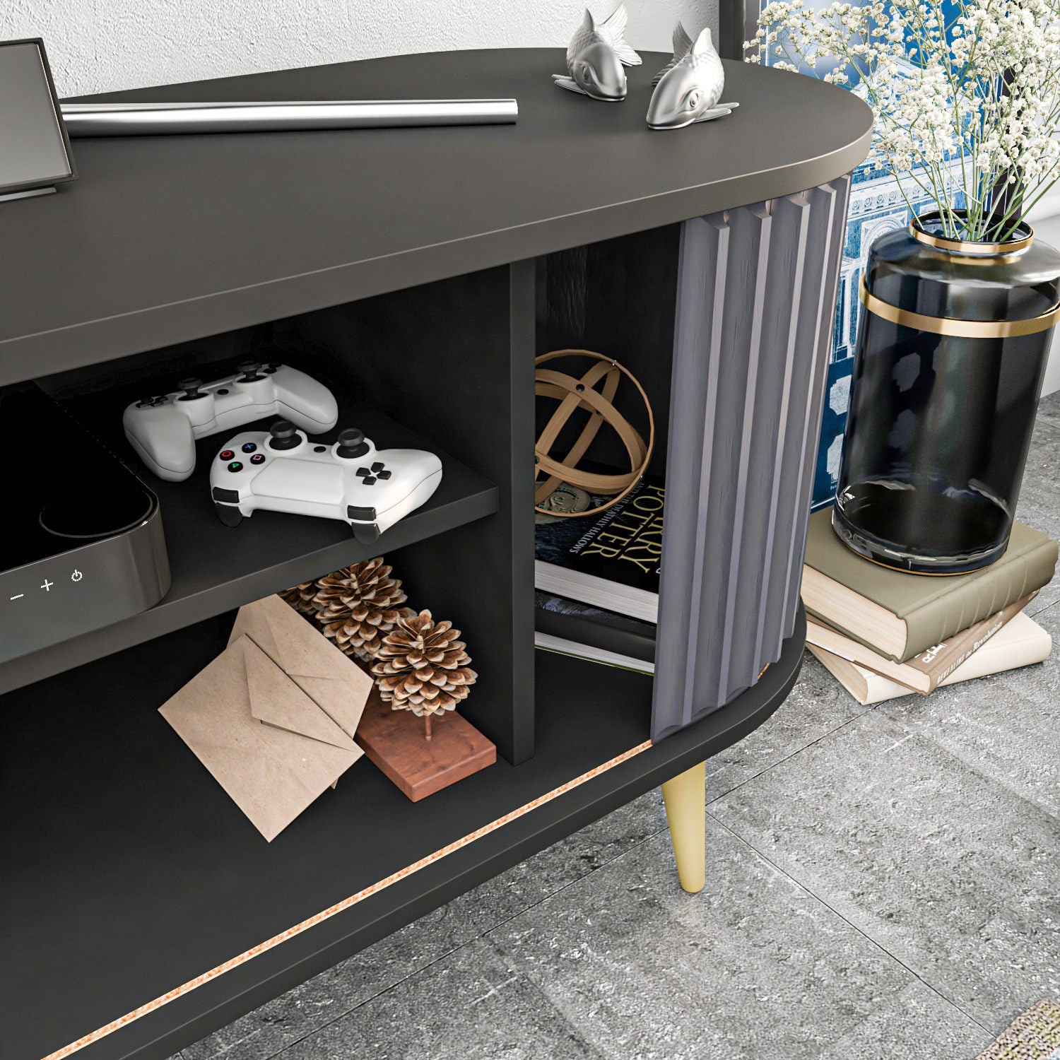 Suporte de TV elegante, preto e antracite, 140 x 43 x 64 cm | Painel de partículas 100% revestido de melamina, 18 mm de espessura | Design moderno para salas de estar e espaços de entretenimento