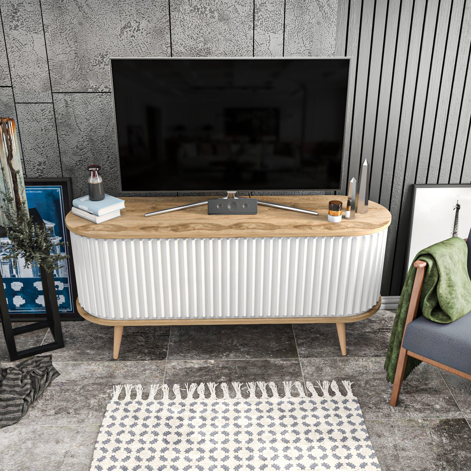 Suporte de TV moderno, carvalho oud e branco, 140 x 43 x 64 cm | Painel de partículas 100% revestido de melamina, 18 mm de espessura | Elegante e funcional para sala de estar