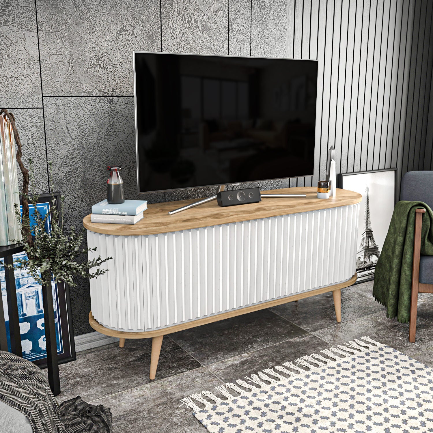 Suporte de TV moderno, carvalho oud e branco, 140 x 43 x 64 cm | Painel de partículas 100% revestido de melamina, 18 mm de espessura | Elegante e funcional para sala de estar