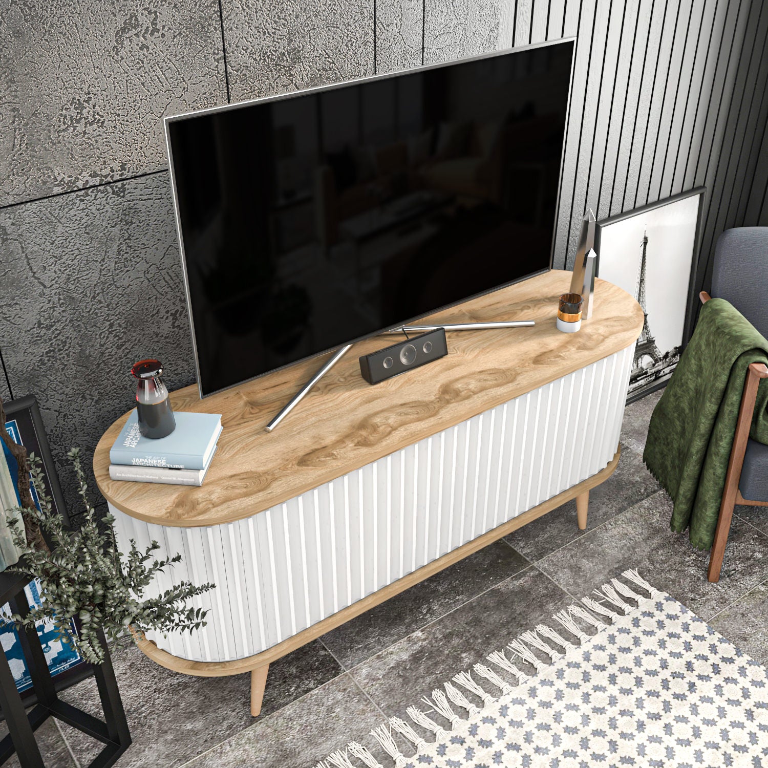 Suporte de TV moderno, carvalho oud e branco, 140 x 43 x 64 cm | Painel de partículas 100% revestido de melamina, 18 mm de espessura | Elegante e funcional para sala de estar