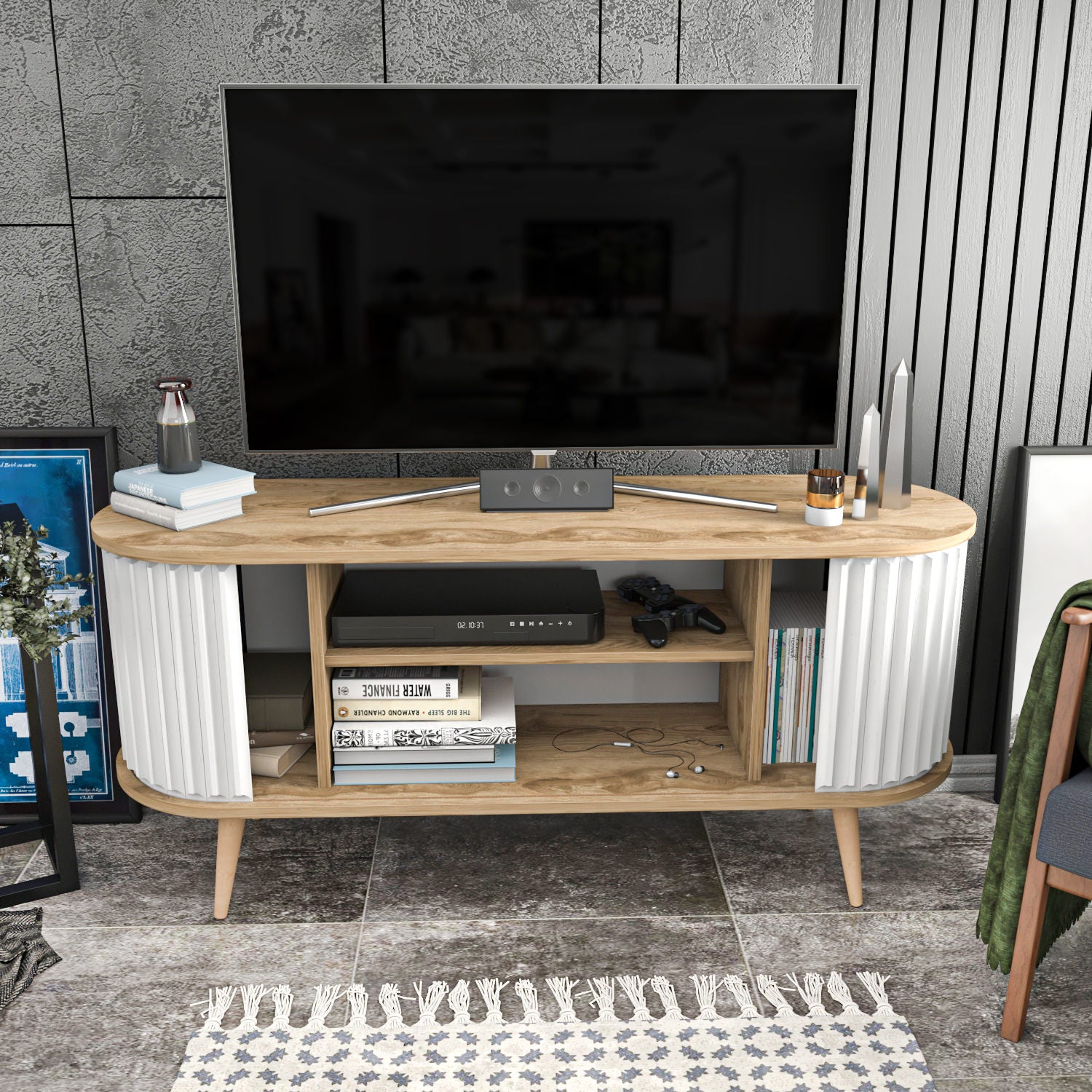 Suporte de TV moderno, carvalho oud e branco, 140 x 43 x 64 cm | Painel de partículas 100% revestido de melamina, 18 mm de espessura | Elegante e funcional para sala de estar
