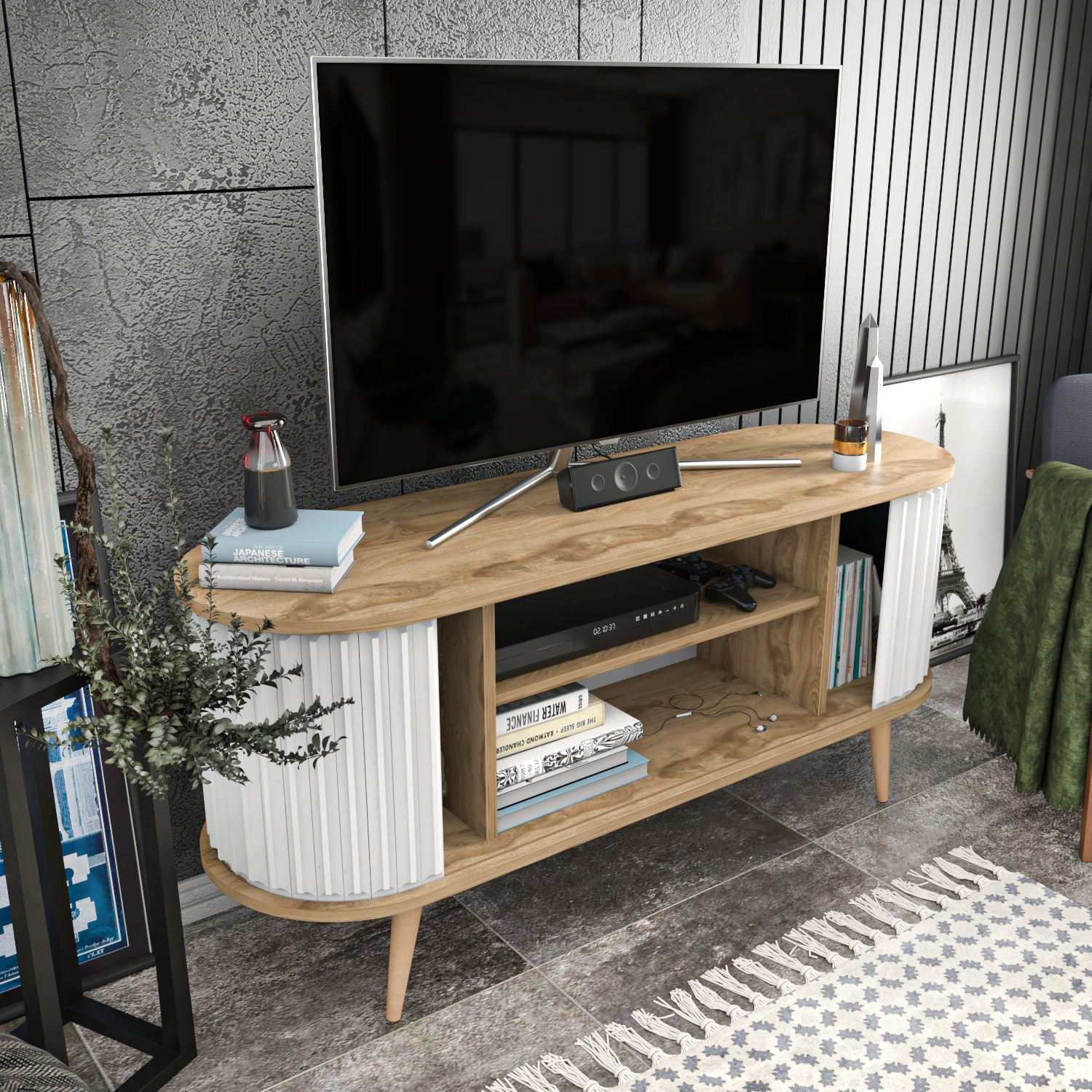 Suporte de TV moderno, carvalho oud e branco, 140 x 43 x 64 cm | Painel de partículas 100% revestido de melamina, 18 mm de espessura | Elegante e funcional para sala de estar