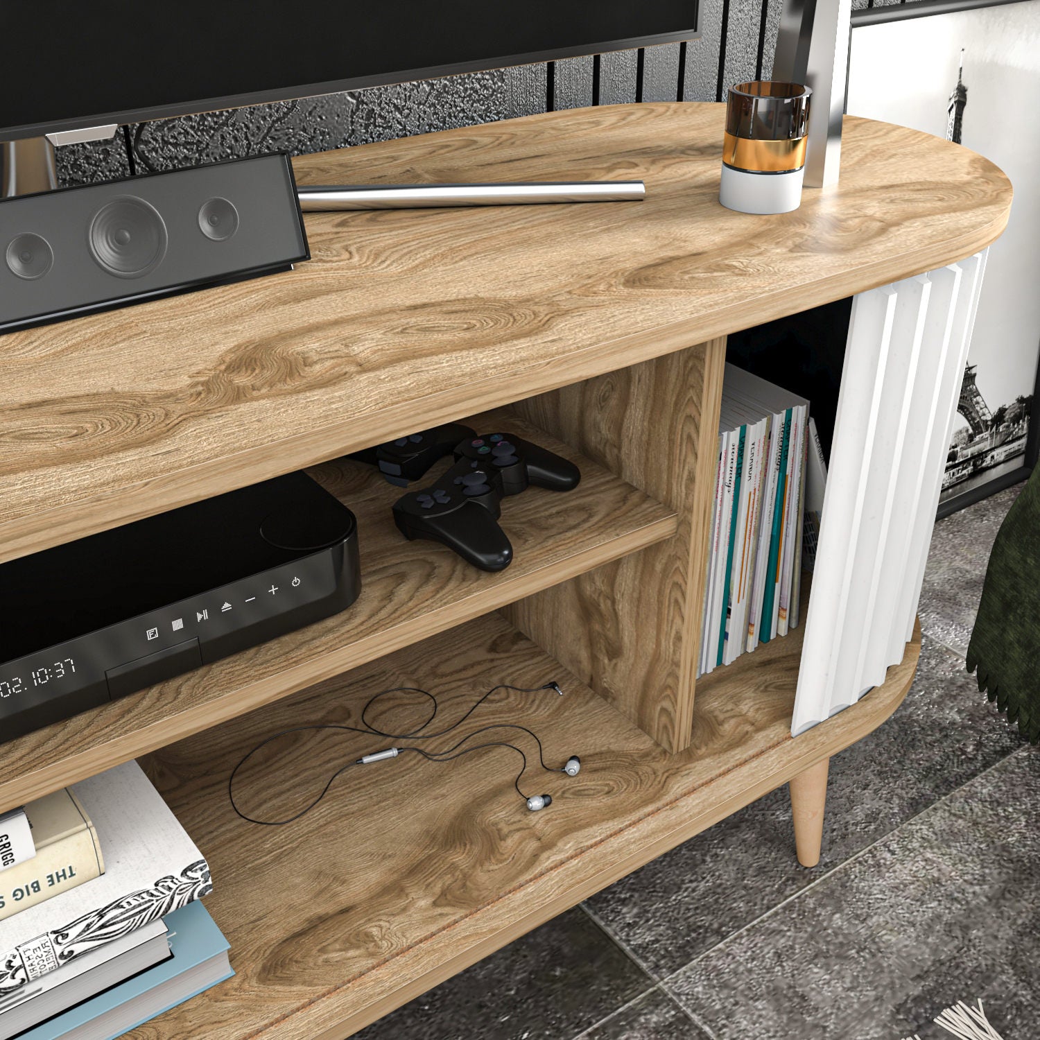 Suporte de TV moderno, carvalho oud e branco, 140 x 43 x 64 cm | Painel de partículas 100% revestido de melamina, 18 mm de espessura | Elegante e funcional para sala de estar