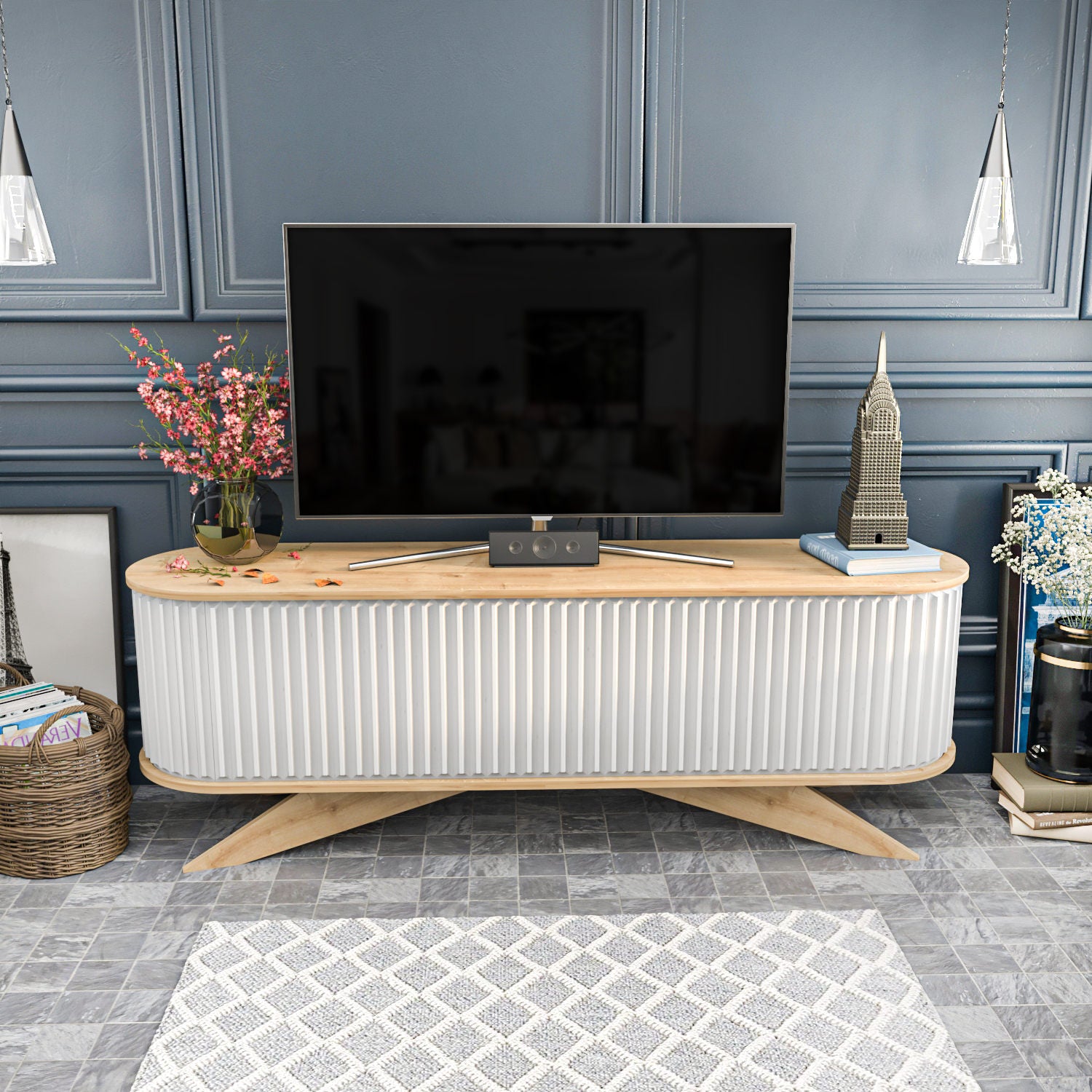 Suporte de TV moderno, safira e branco, 180 x 43 x 60 cm | Painel de partículas 100% revestido de melamina, 18 mm de espessura | Elegante e funcional para salas de estar