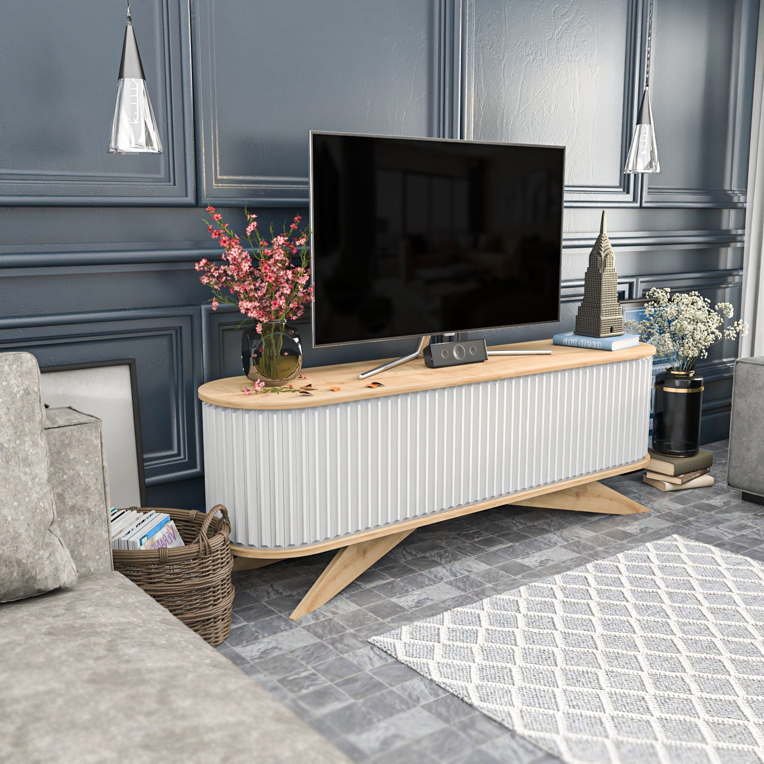 Suporte de TV moderno, safira e branco, 180 x 43 x 60 cm | Painel de partículas 100% revestido de melamina, 18 mm de espessura | Elegante e funcional para salas de estar