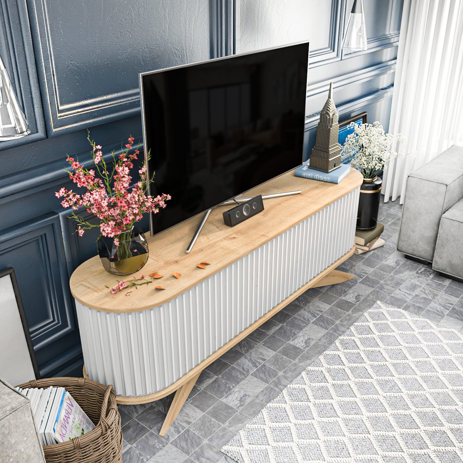 Suporte de TV moderno, safira e branco, 180 x 43 x 60 cm | Painel de partículas 100% revestido de melamina, 18 mm de espessura | Elegante e funcional para salas de estar