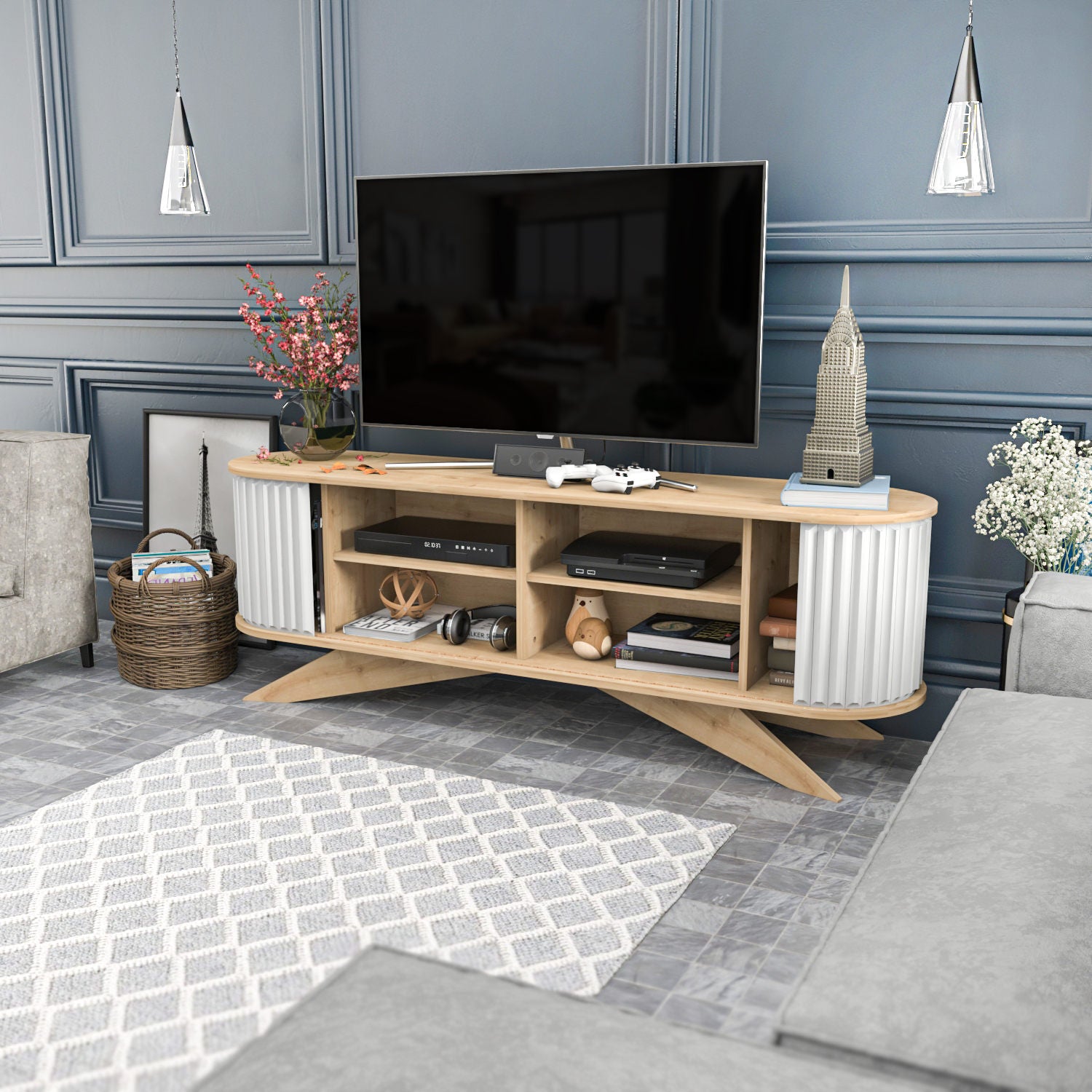 Suporte de TV moderno, safira e branco, 180 x 43 x 60 cm | Painel de partículas 100% revestido de melamina, 18 mm de espessura | Elegante e funcional para salas de estar