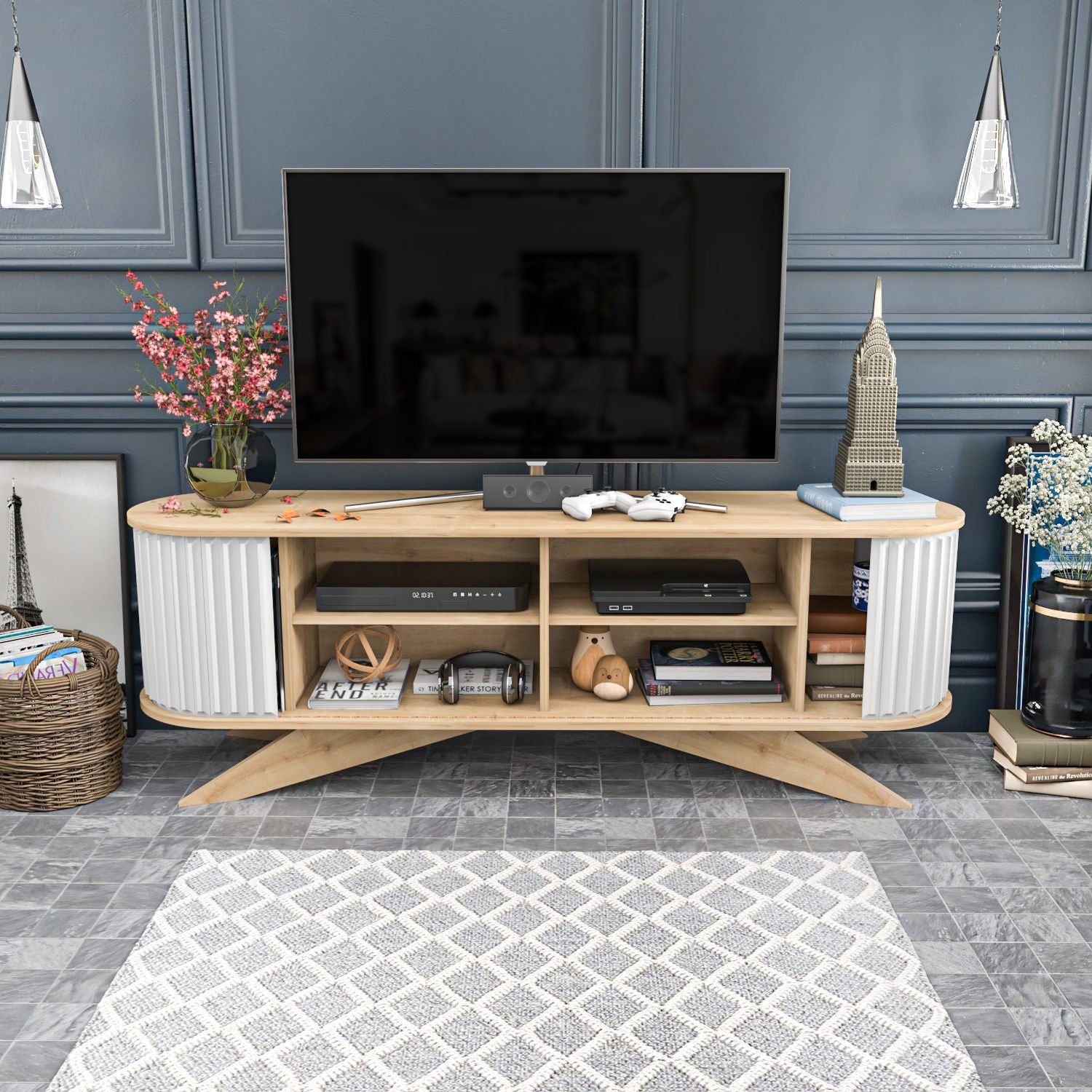 Suporte de TV moderno, safira e branco, 180 x 43 x 60 cm | Painel de partículas 100% revestido de melamina, 18 mm de espessura | Elegante e funcional para salas de estar