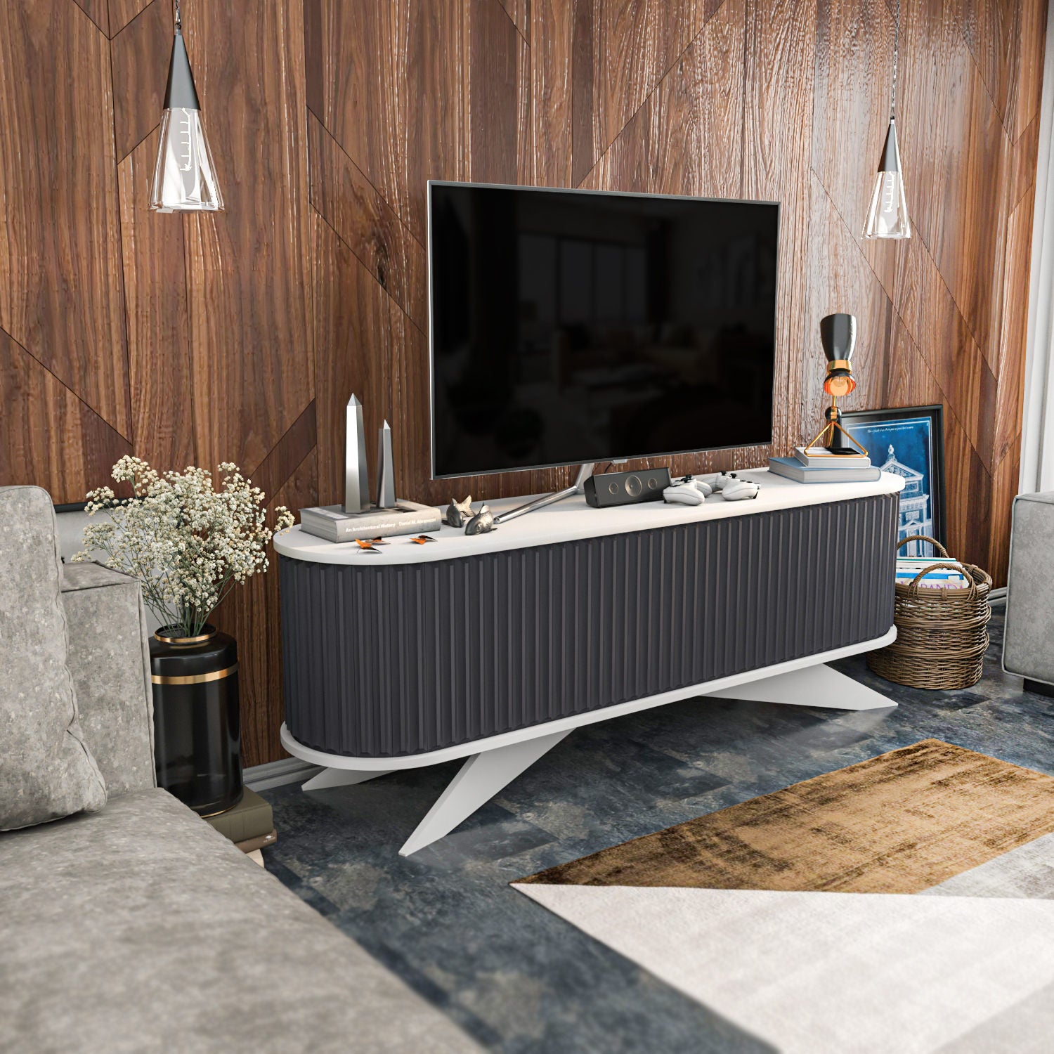 Suporte de TV moderno, antracite e branco, 180 x 43 x 60 cm | Painel de partículas 100% revestido em melamina, 18 mm de espessura | Elegante e funcional para salas de estar