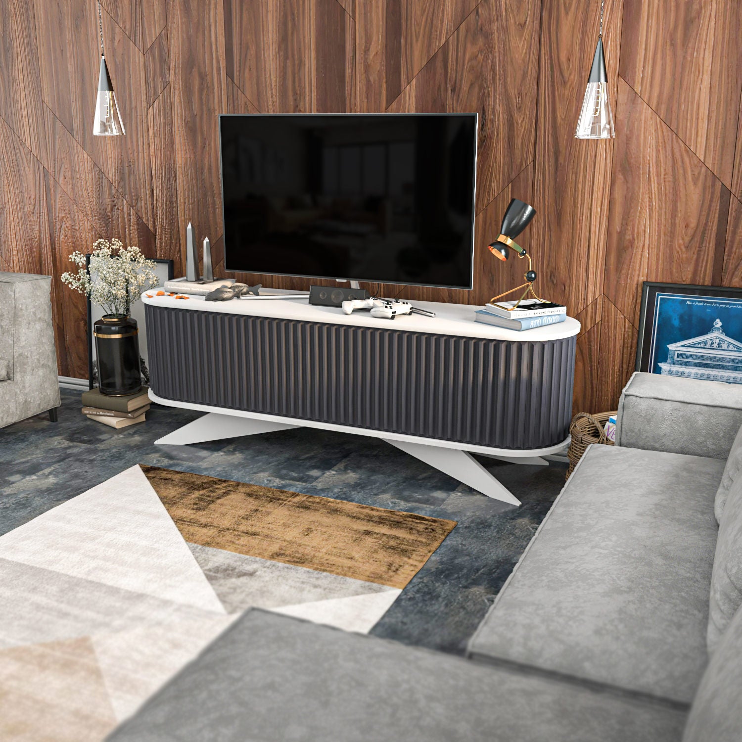 Suporte de TV moderno, antracite e branco, 180 x 43 x 60 cm | Painel de partículas 100% revestido em melamina, 18 mm de espessura | Elegante e funcional para salas de estar