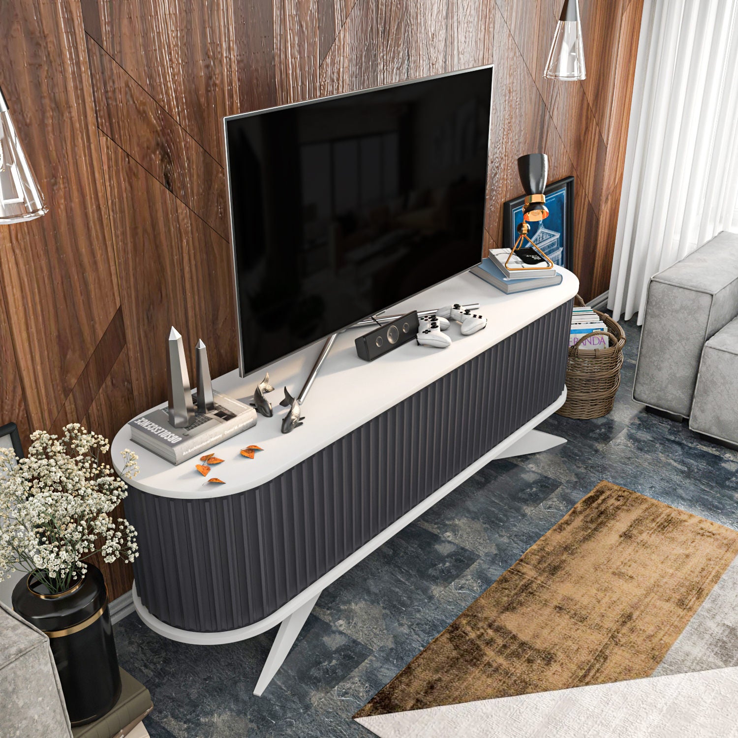 Suporte de TV moderno, antracite e branco, 180 x 43 x 60 cm | Painel de partículas 100% revestido em melamina, 18 mm de espessura | Elegante e funcional para salas de estar