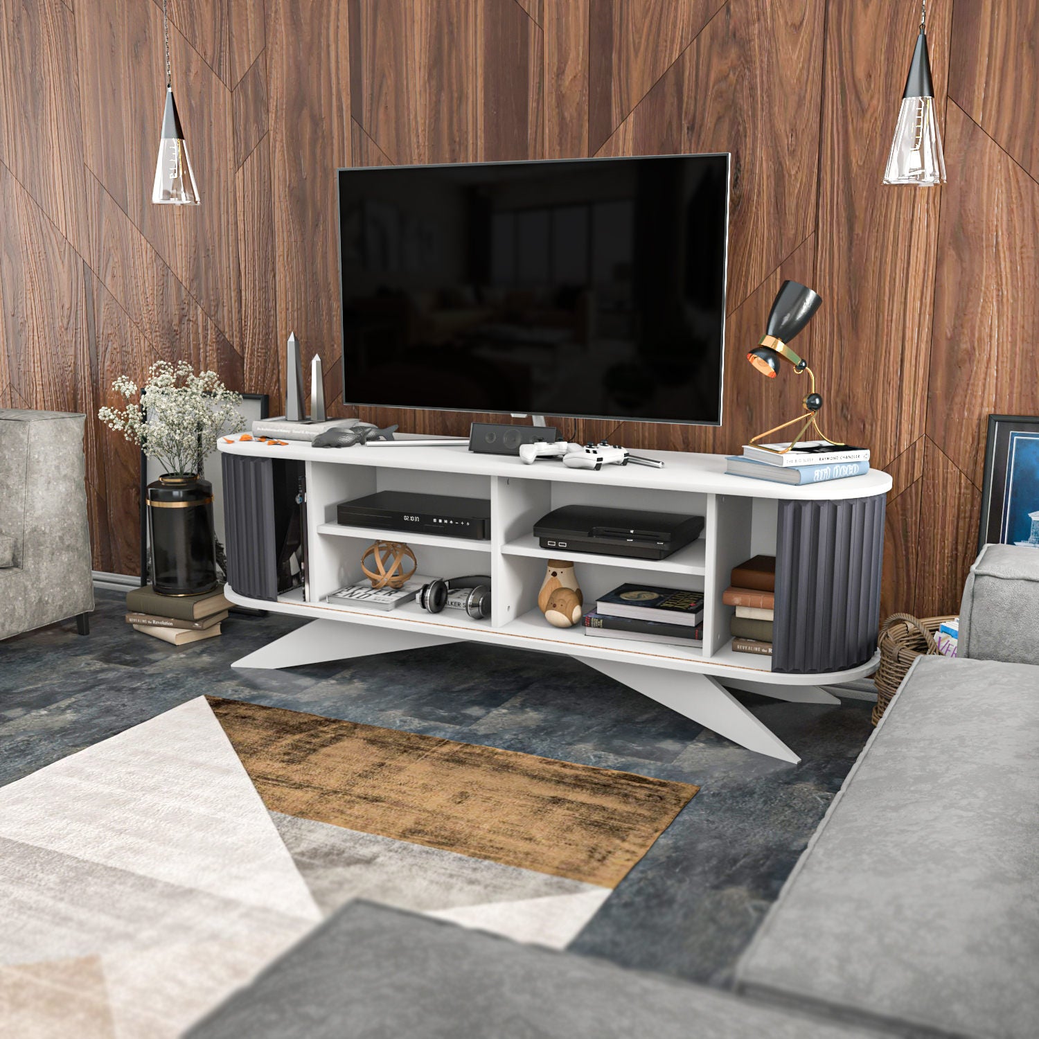 Suporte de TV moderno, antracite e branco, 180 x 43 x 60 cm | Painel de partículas 100% revestido em melamina, 18 mm de espessura | Elegante e funcional para salas de estar