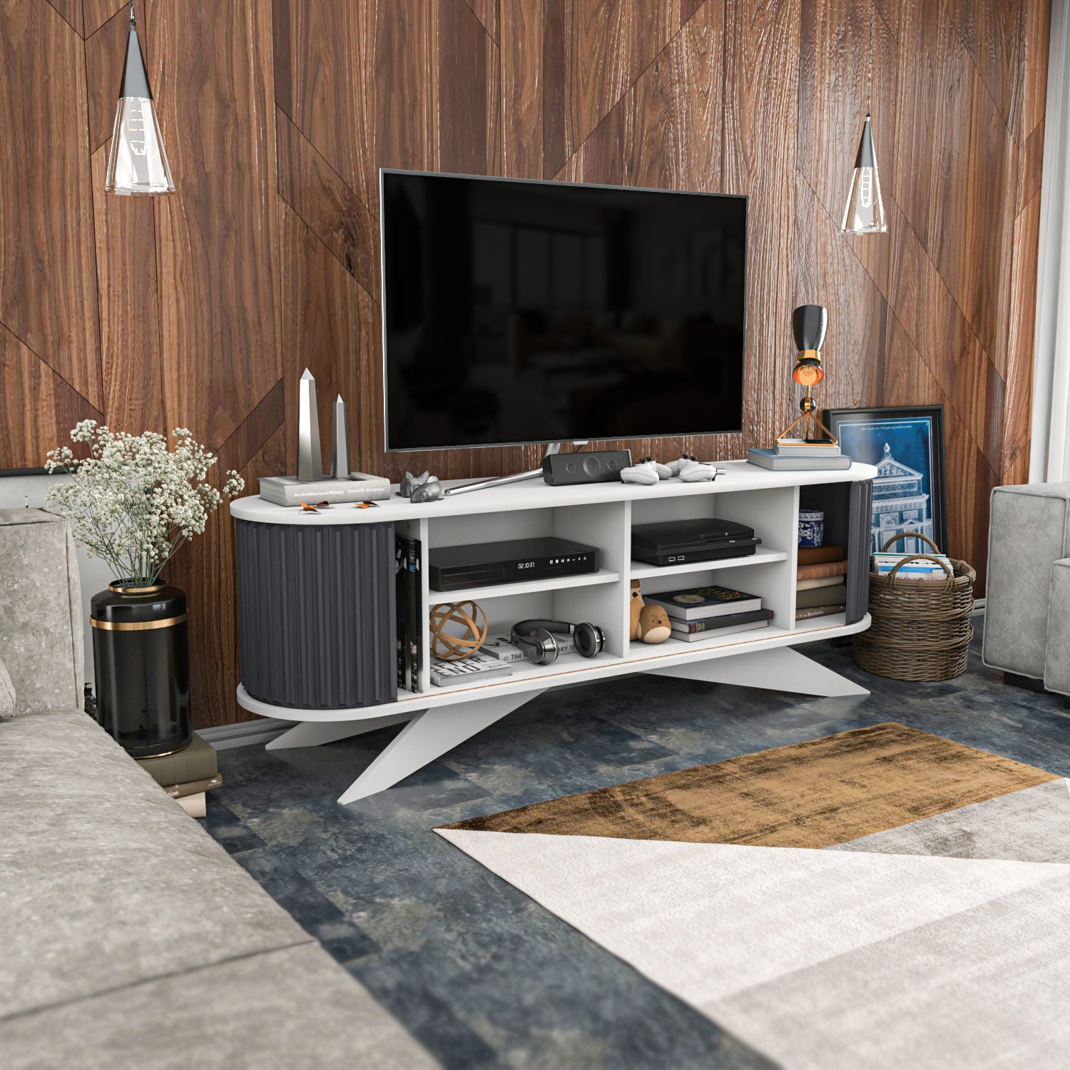 Suporte de TV moderno, antracite e branco, 180 x 43 x 60 cm | Painel de partículas 100% revestido em melamina, 18 mm de espessura | Elegante e funcional para salas de estar