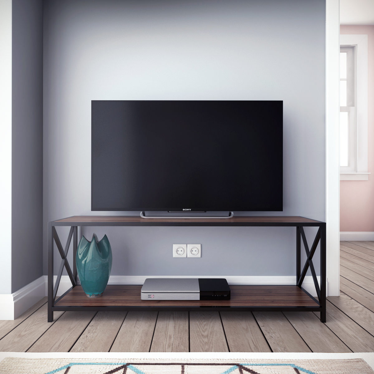 Suporte de TV industrial, nogueira e preto, 120 x 33 x 45,7 cm | Painel de partículas 100% revestido de melamina, 18 mm de espessura, estrutura de metal resistente | Design elegante e funcional