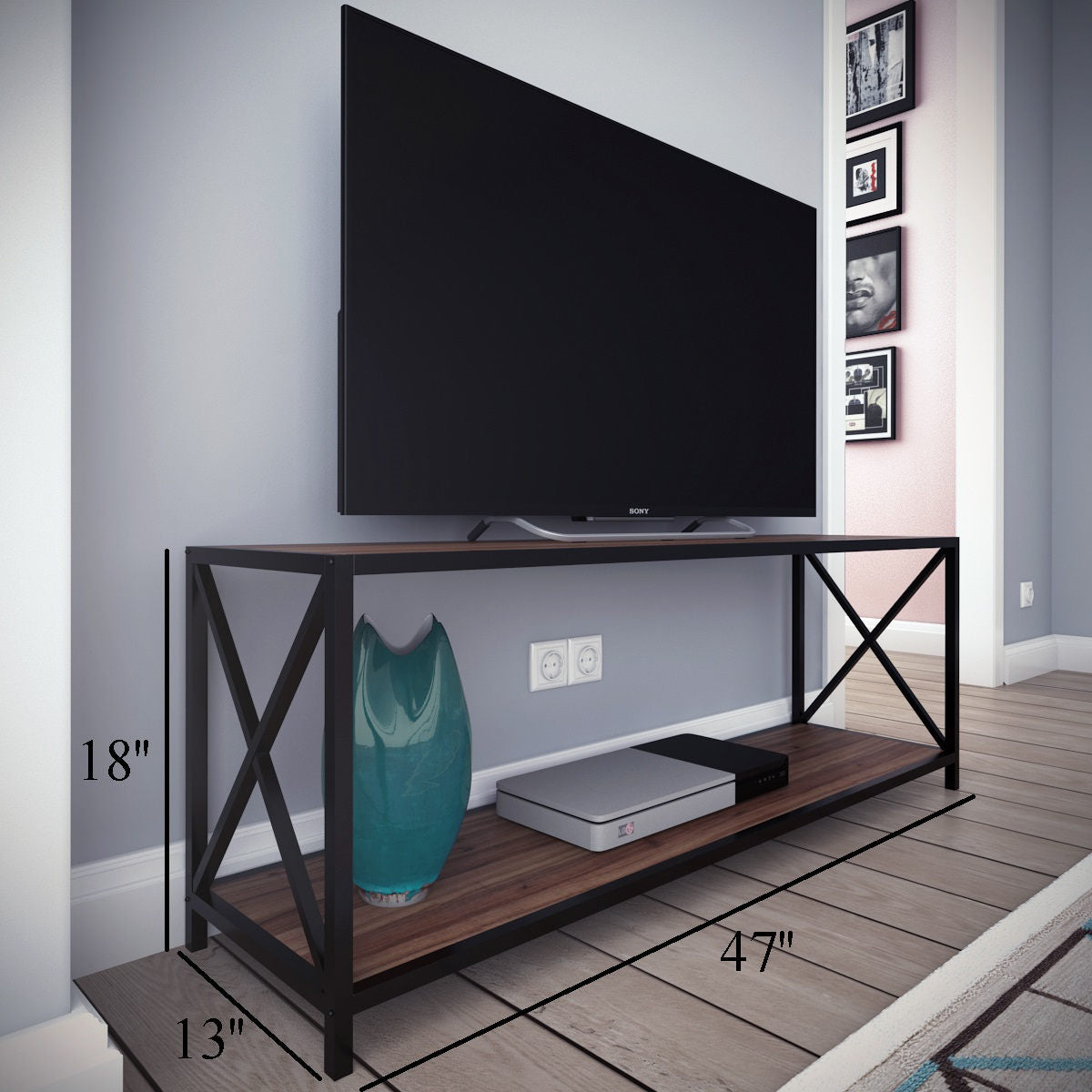 Suporte de TV industrial, nogueira e preto, 120 x 33 x 45,7 cm | Painel de partículas 100% revestido de melamina, 18 mm de espessura, estrutura de metal resistente | Design elegante e funcional