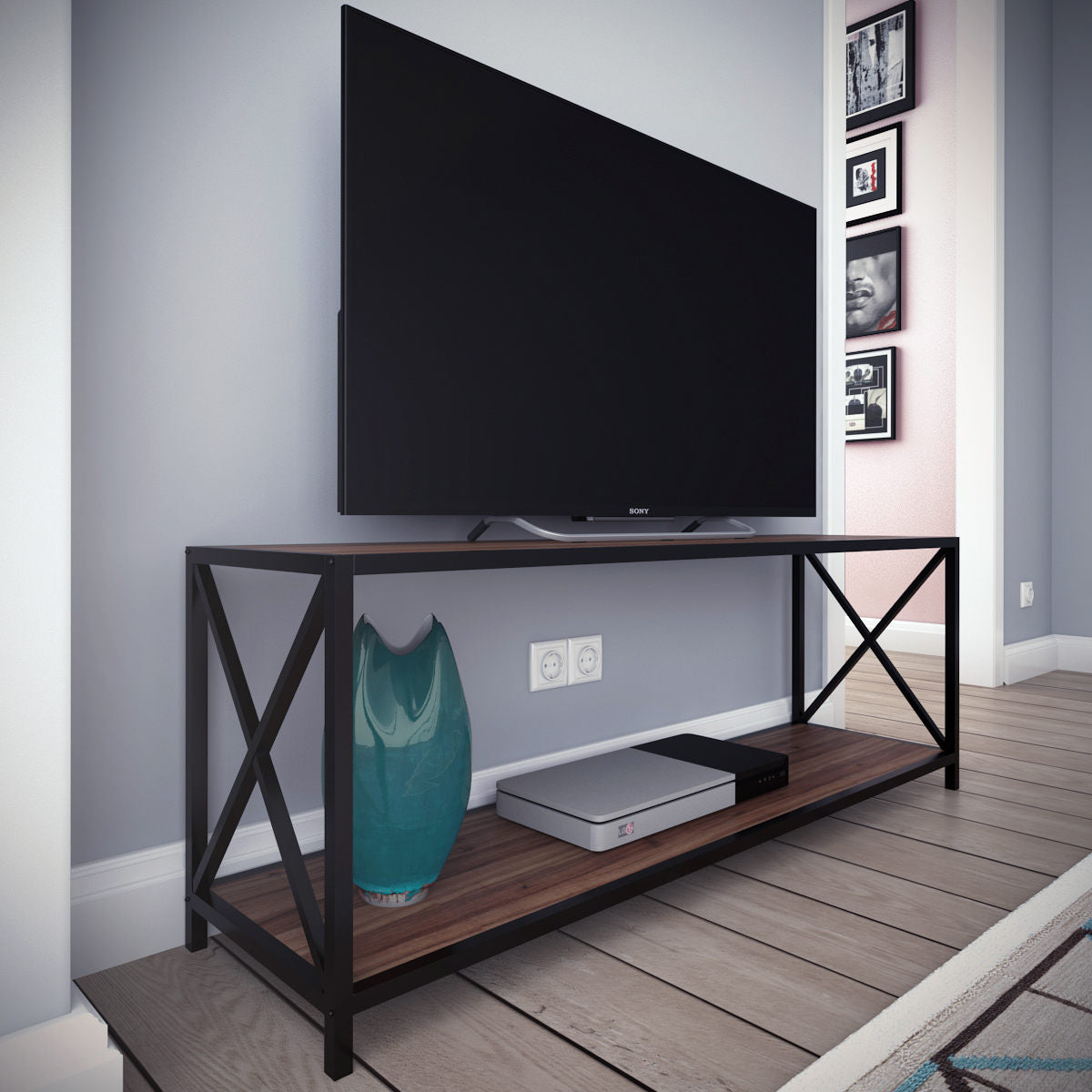 Suporte de TV industrial, nogueira e preto, 120 x 33 x 45,7 cm | Painel de partículas 100% revestido de melamina, 18 mm de espessura, estrutura de metal resistente | Design elegante e funcional