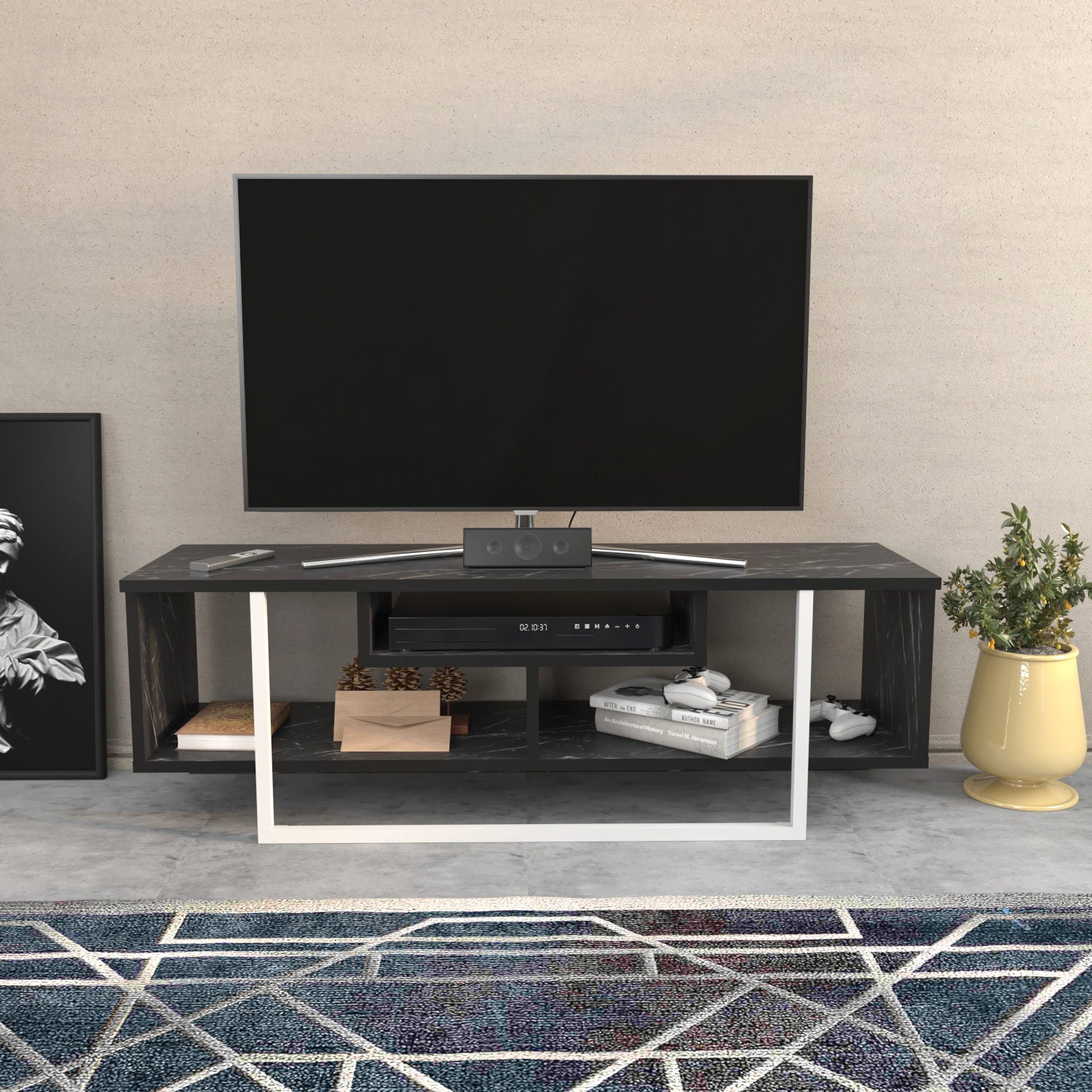 Suporte de TV elegante, preto e branco, 120 x 35,2 x 40,2 cm | Painel de partículas 100% revestido de melamina, 18 mm de espessura | Design moderno para salas de estar e espaços de entretenimento