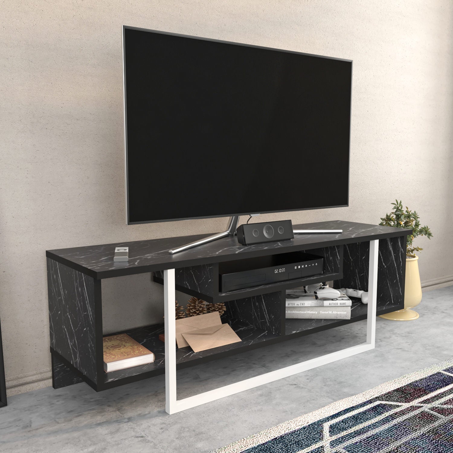 Suporte de TV elegante, preto e branco, 120 x 35,2 x 40,2 cm | Painel de partículas 100% revestido de melamina, 18 mm de espessura | Design moderno para salas de estar e espaços de entretenimento