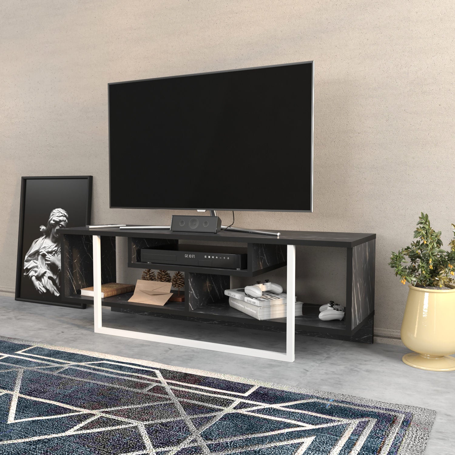 Suporte de TV elegante, preto e branco, 120 x 35,2 x 40,2 cm | Painel de partículas 100% revestido de melamina, 18 mm de espessura | Design moderno para salas de estar e espaços de entretenimento