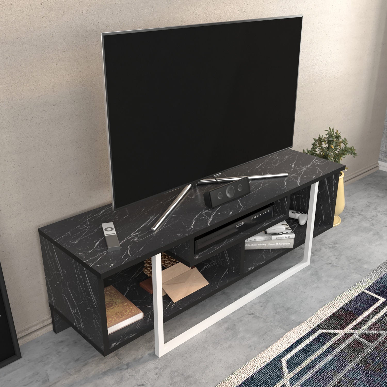 Suporte de TV elegante, preto e branco, 120 x 35,2 x 40,2 cm | Painel de partículas 100% revestido de melamina, 18 mm de espessura | Design moderno para salas de estar e espaços de entretenimento