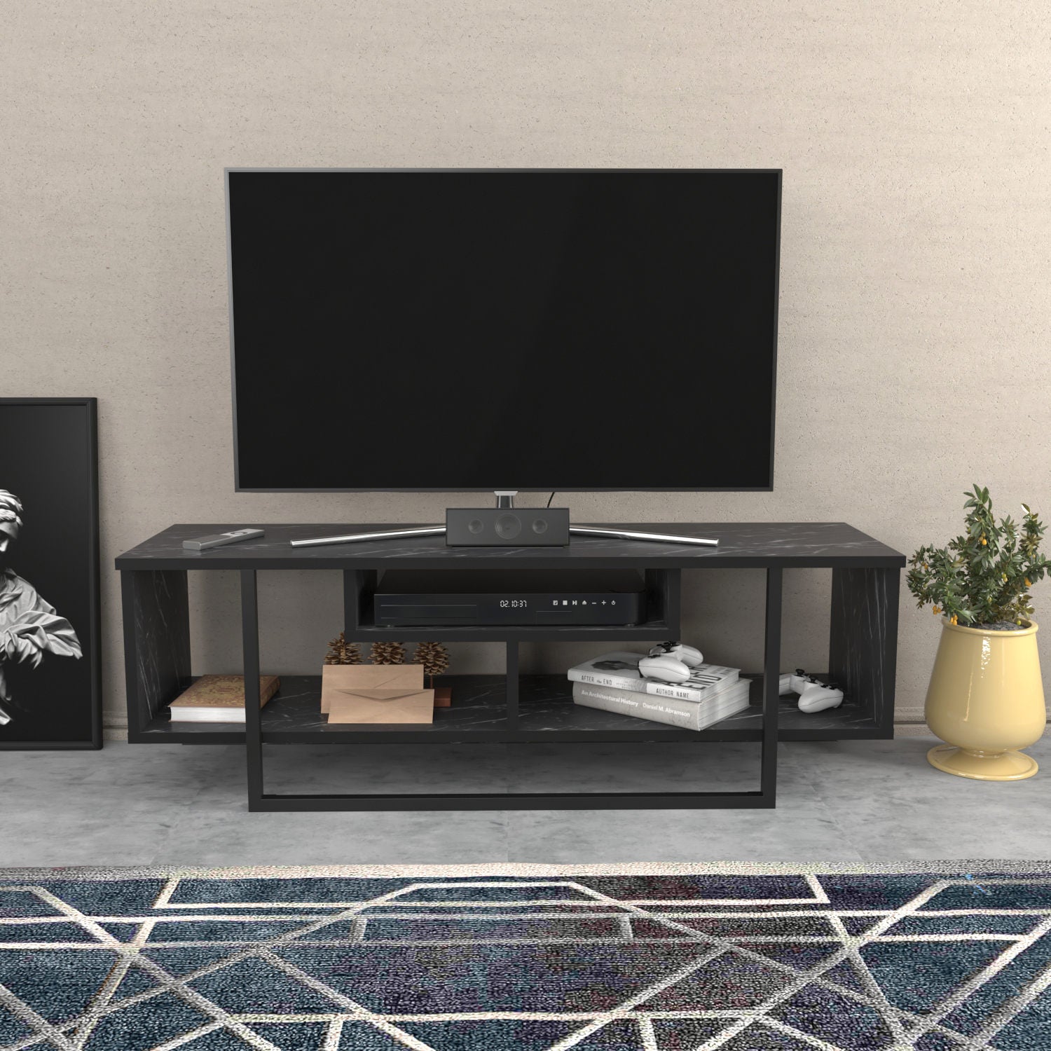 Suporte de TV elegante preto, 120 cm x 35,2 cm x 40,2 cm | Painel de partículas 100% revestido de melamina, 18 mm de espessura | Design moderno para salas de estar e espaços de entretenimento