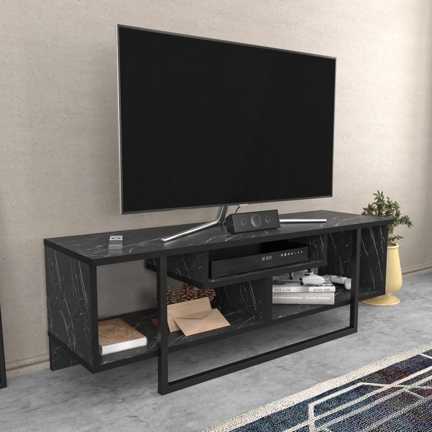 Suporte de TV elegante preto, 120 cm x 35,2 cm x 40,2 cm | Painel de partículas 100% revestido de melamina, 18 mm de espessura | Design moderno para salas de estar e espaços de entretenimento