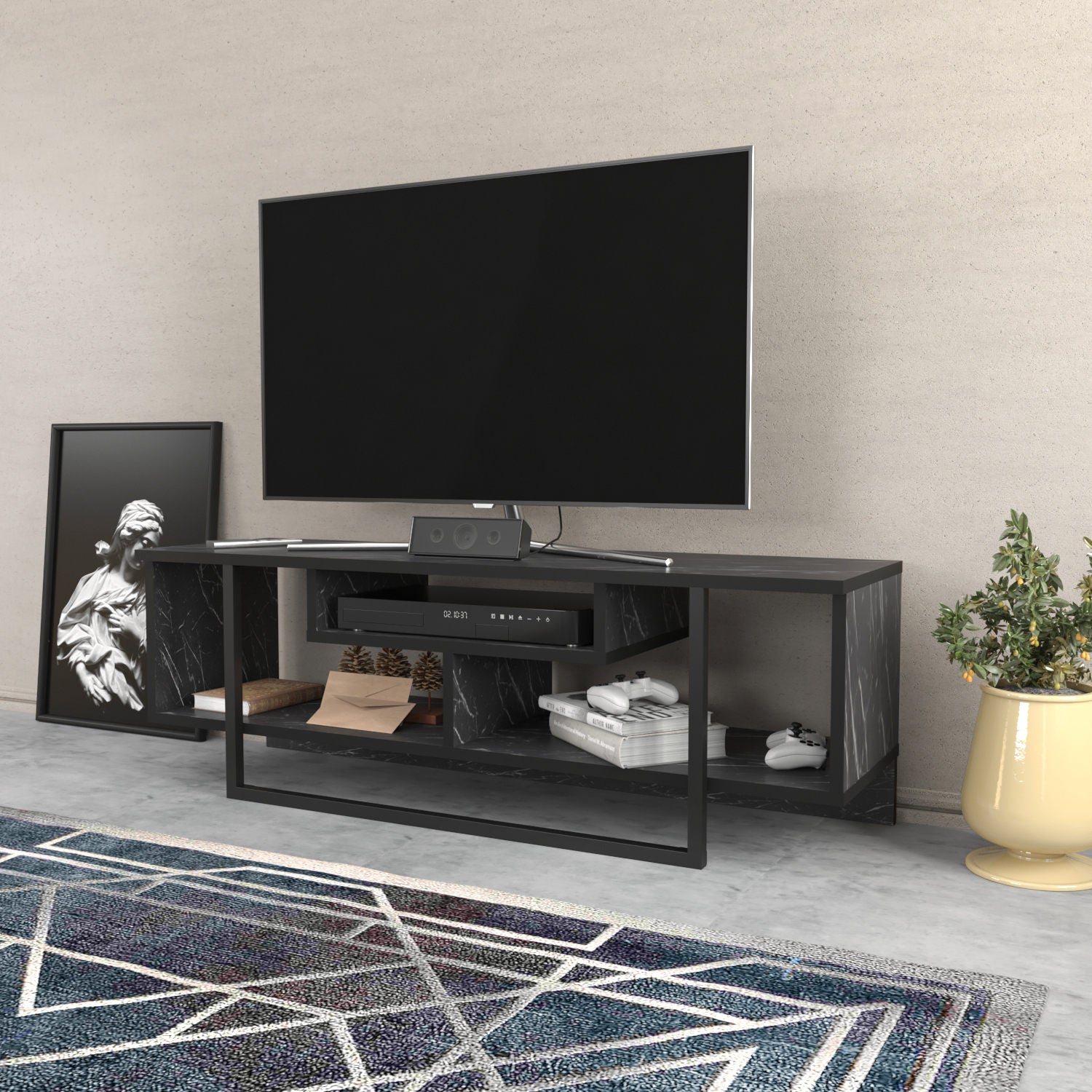 Suporte de TV elegante preto, 120 cm x 35,2 cm x 40,2 cm | Painel de partículas 100% revestido de melamina, 18 mm de espessura | Design moderno para salas de estar e espaços de entretenimento