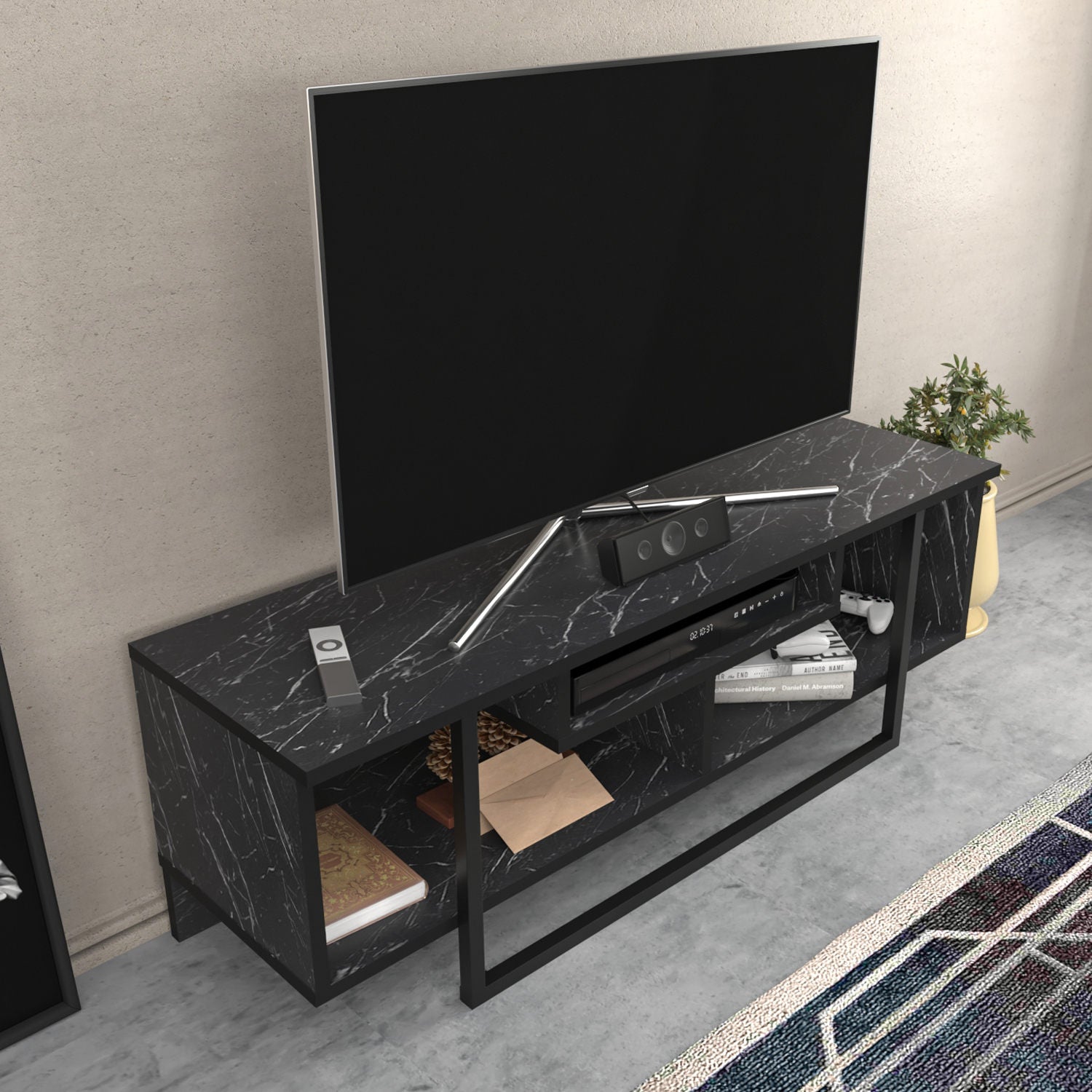 Suporte de TV elegante preto, 120 cm x 35,2 cm x 40,2 cm | Painel de partículas 100% revestido de melamina, 18 mm de espessura | Design moderno para salas de estar e espaços de entretenimento