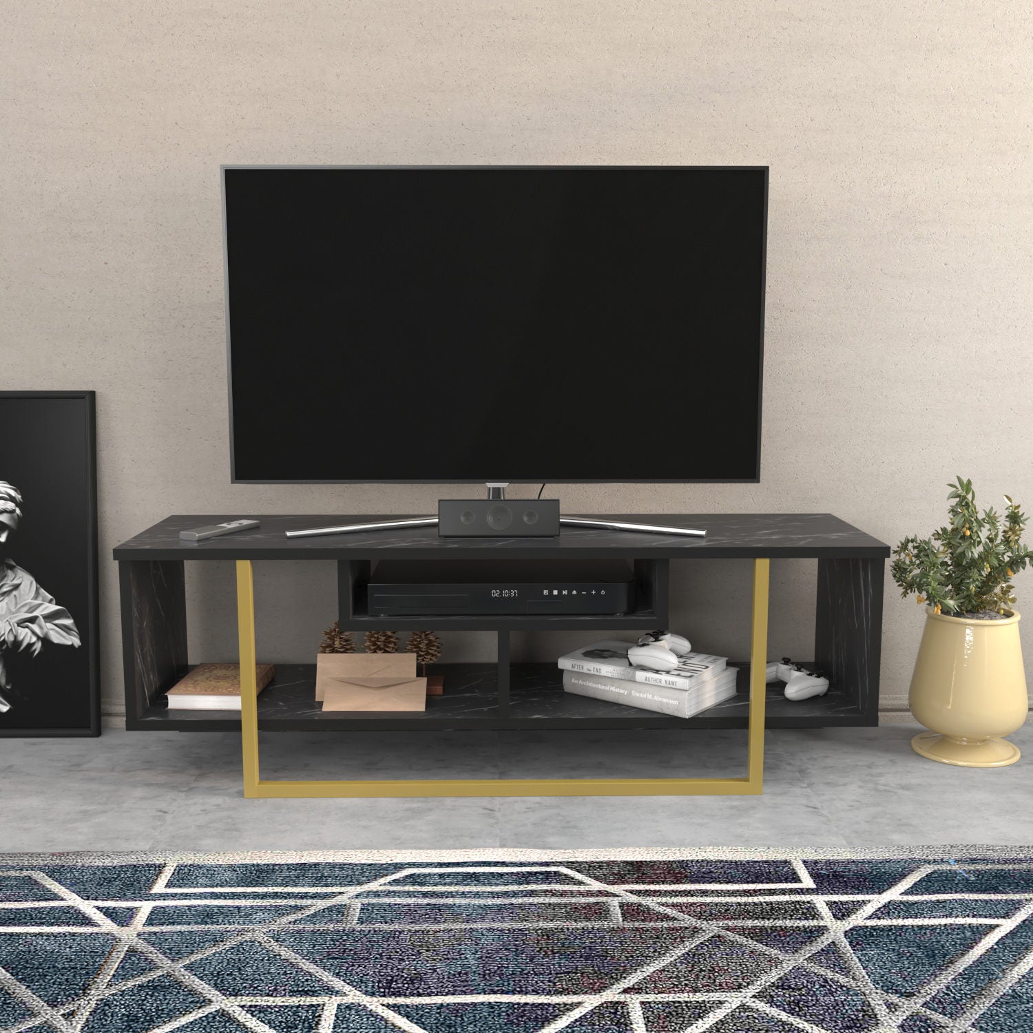 Suporte de TV elegante, preto e dourado, 120 x 35,2 x 40,2 cm | Painel de partículas 100% revestido de melamina, 18 mm de espessura | Design moderno para salas de estar e espaços de entretenimento