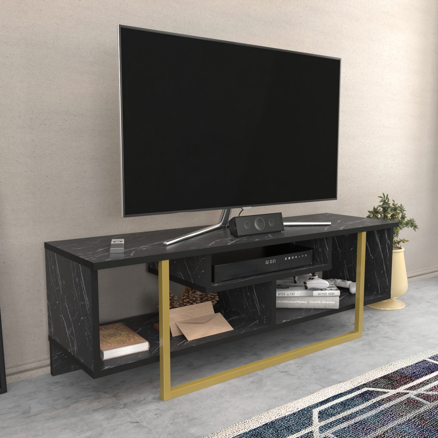 Suporte de TV elegante, preto e dourado, 120 x 35,2 x 40,2 cm | Painel de partículas 100% revestido de melamina, 18 mm de espessura | Design moderno para salas de estar e espaços de entretenimento