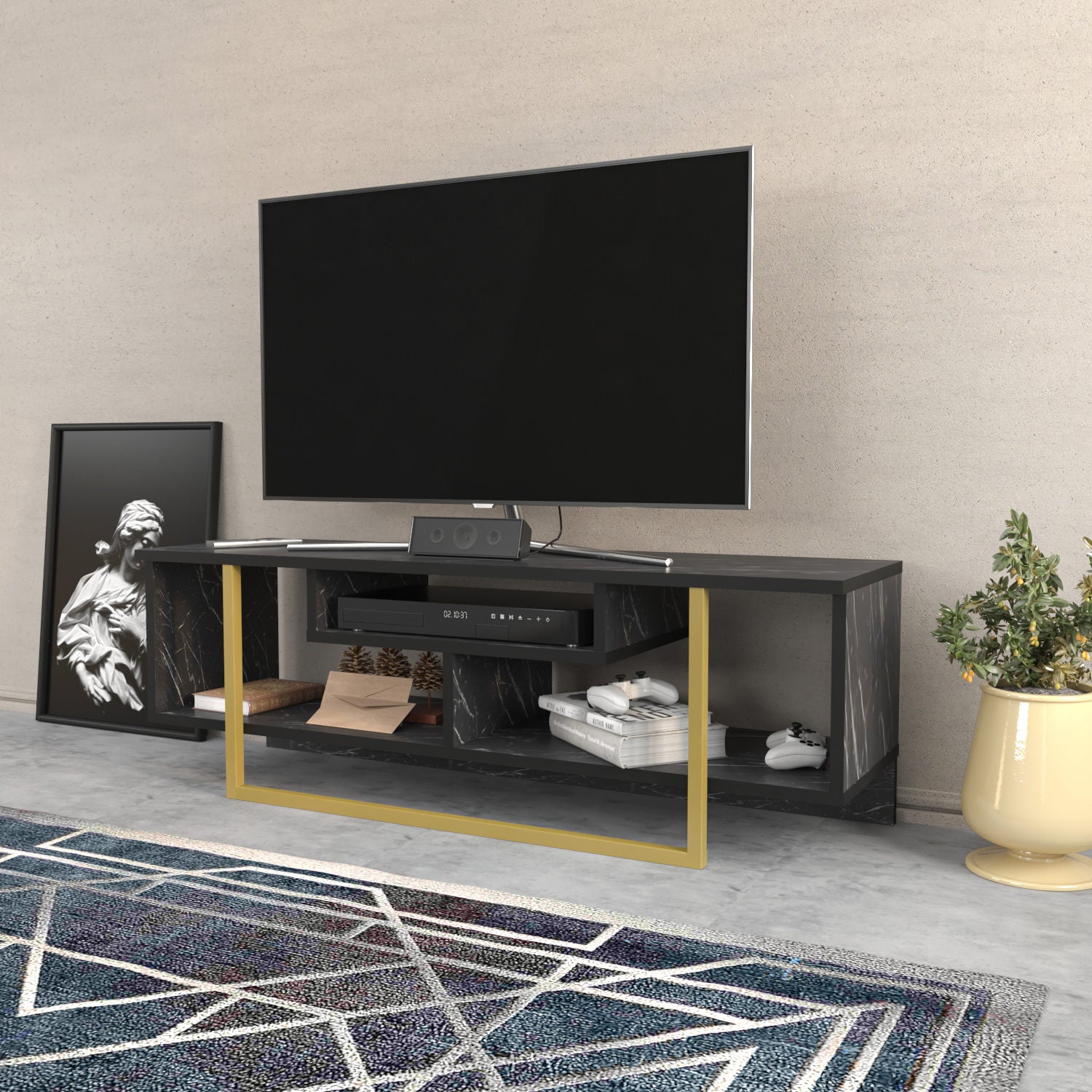 Suporte de TV elegante, preto e dourado, 120 x 35,2 x 40,2 cm | Painel de partículas 100% revestido de melamina, 18 mm de espessura | Design moderno para salas de estar e espaços de entretenimento