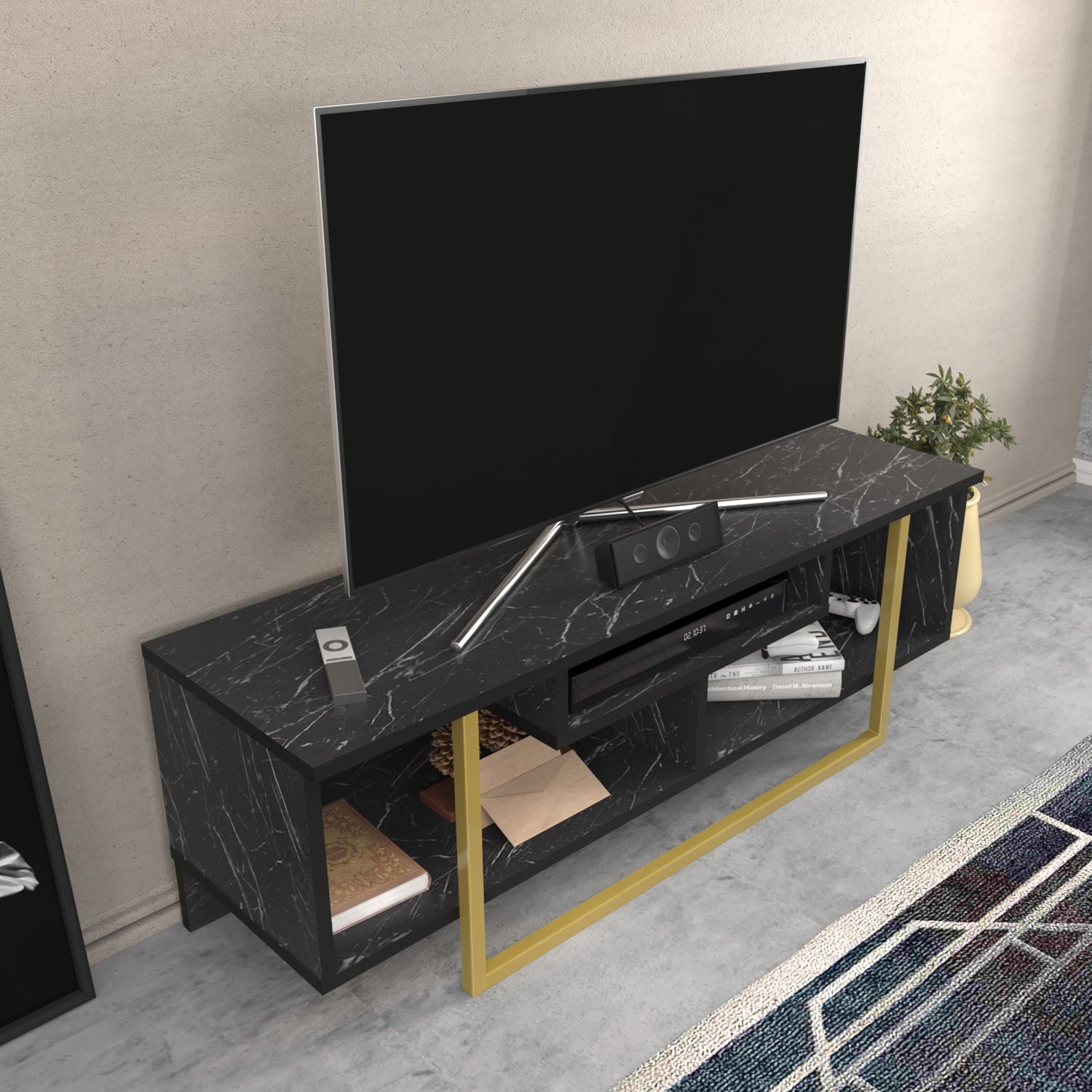 Suporte de TV elegante, preto e dourado, 120 x 35,2 x 40,2 cm | Painel de partículas 100% revestido de melamina, 18 mm de espessura | Design moderno para salas de estar e espaços de entretenimento