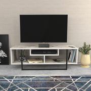 Suporte de TV elegante, 120 cm, branco e preto, 100% aglomerado revestido em melamina, 18 mm de espessura | Design moderno para salas de estar e espaços de entretenimento