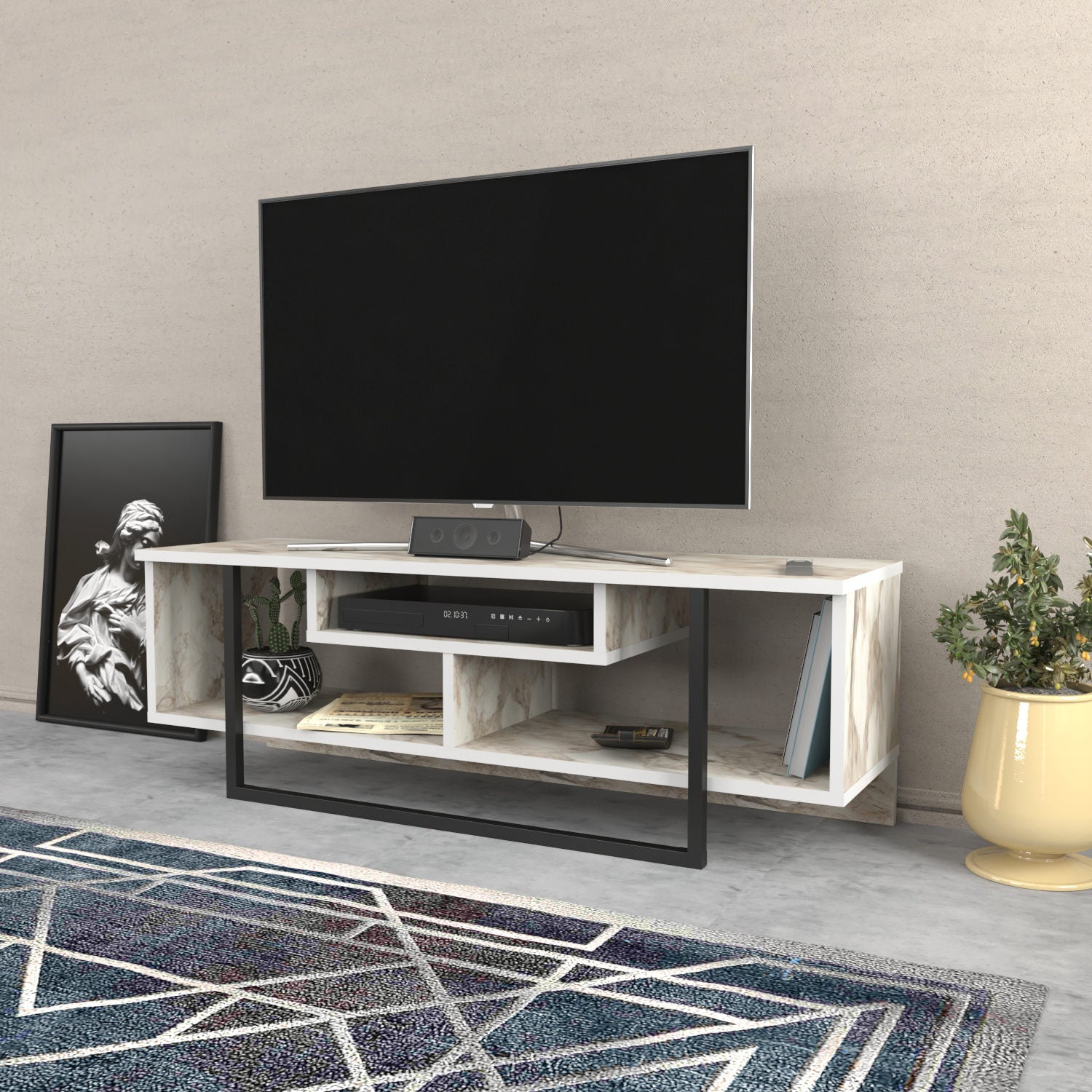 Suporte de TV elegante, 120 cm, branco e preto, 100% aglomerado revestido em melamina, 18 mm de espessura | Design moderno para salas de estar e espaços de entretenimento