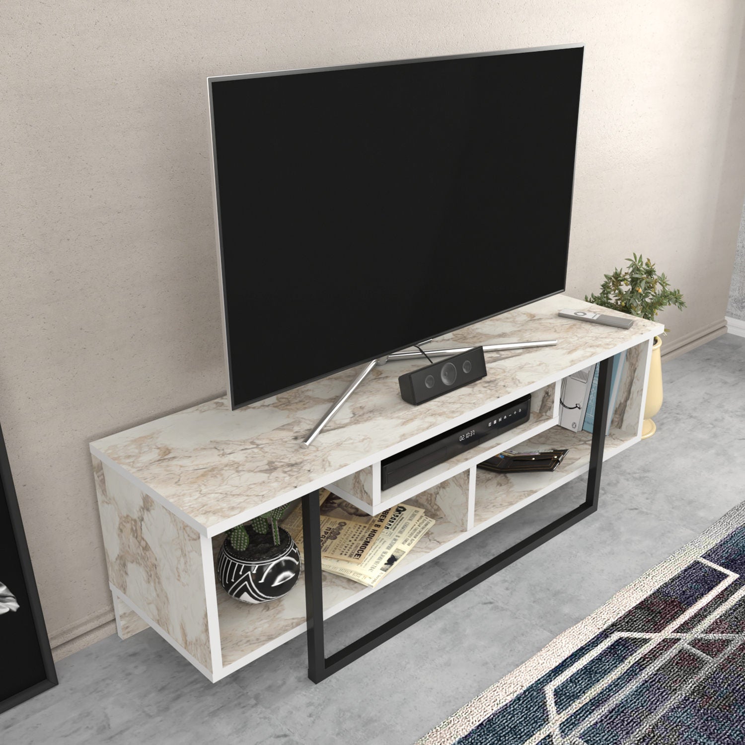 Suporte de TV elegante, 120 cm, branco e preto, 100% aglomerado revestido em melamina, 18 mm de espessura | Design moderno para salas de estar e espaços de entretenimento