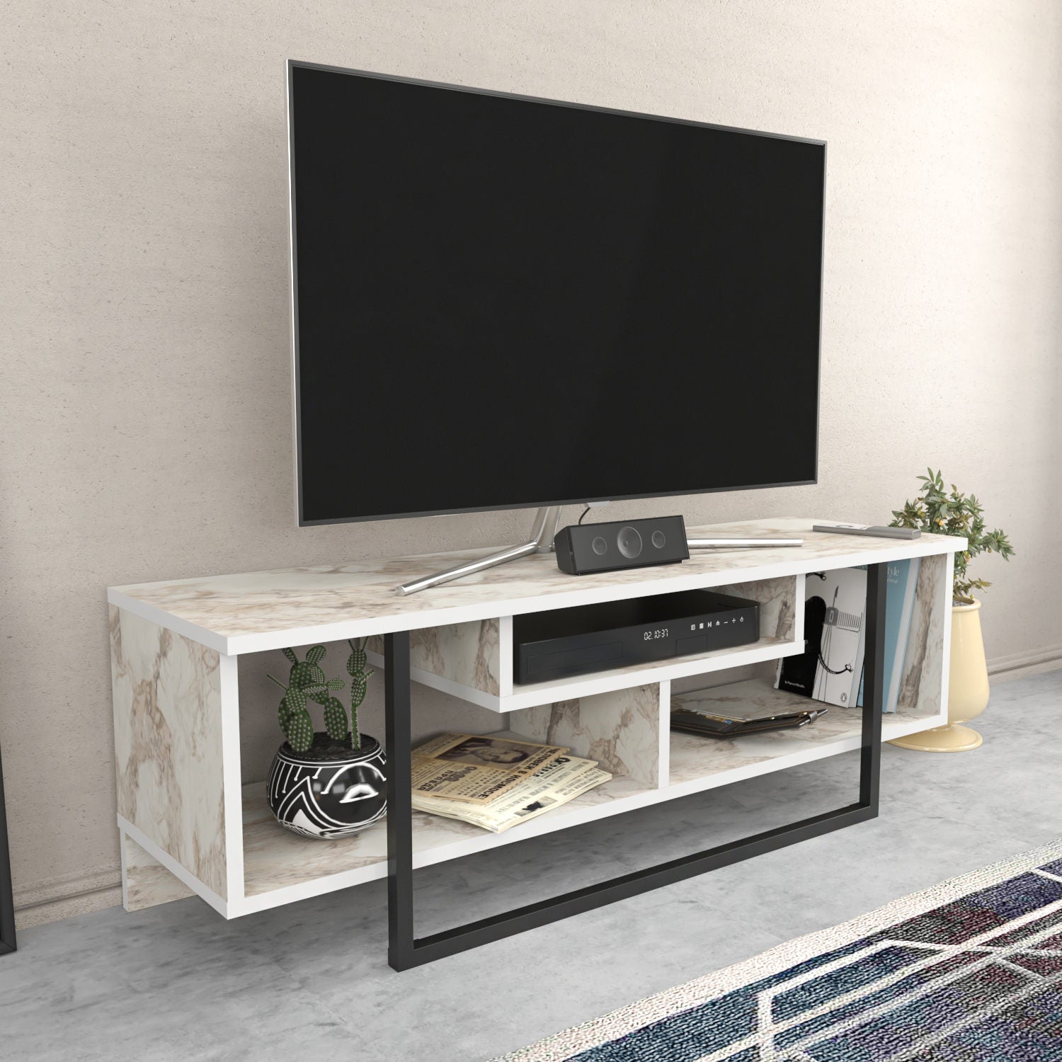 Suporte de TV elegante, 120 cm, branco e preto, 100% aglomerado revestido em melamina, 18 mm de espessura | Design moderno para salas de estar e espaços de entretenimento