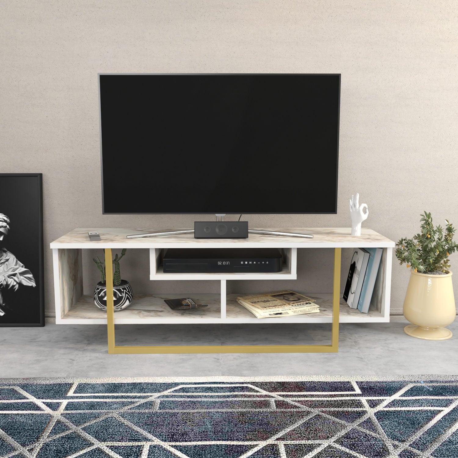 Suporte de TV Glamouroso, Branco e Dourado, 120 x 35,2 x 40,2 cm | Painel de partículas 100% revestido em melamina, 18 mm de espessura | Elegante e funcional para salas de estar modernas
