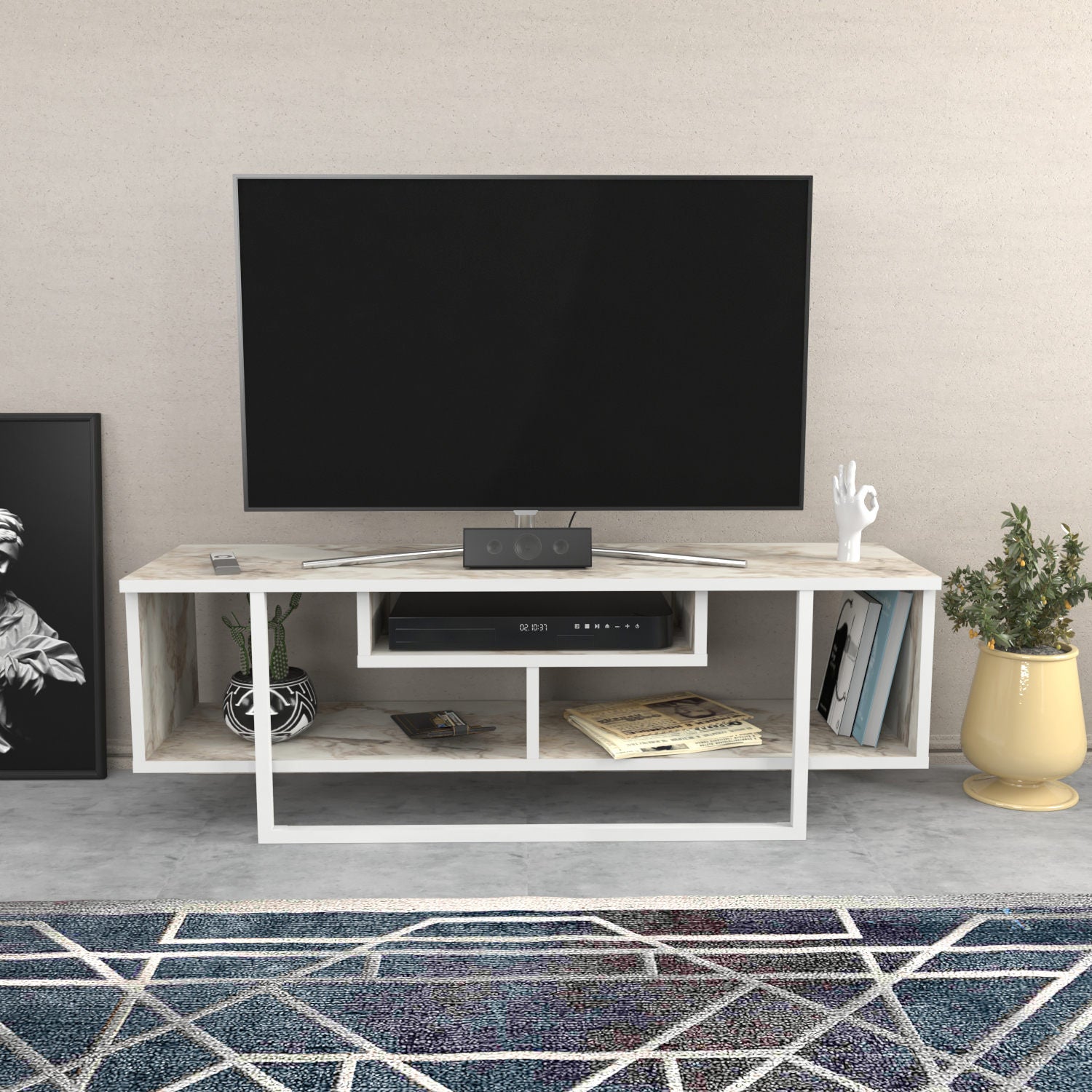 Suporte de TV elegante, branco, 120 cm x 35,2 cm x 40,2 cm | Painel de partículas 100% revestido de melamina, 18 mm de espessura | Design moderno para salas de estar e espaços de entretenimento