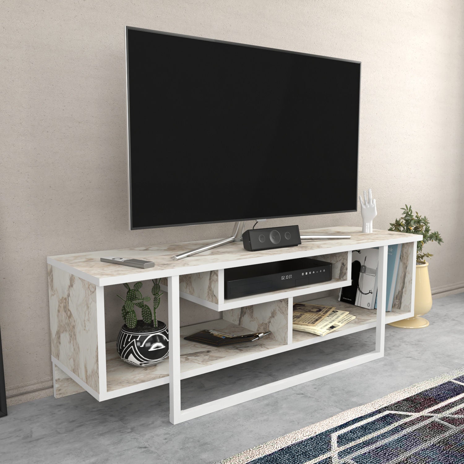 Suporte de TV elegante, branco, 120 cm x 35,2 cm x 40,2 cm | Painel de partículas 100% revestido de melamina, 18 mm de espessura | Design moderno para salas de estar e espaços de entretenimento