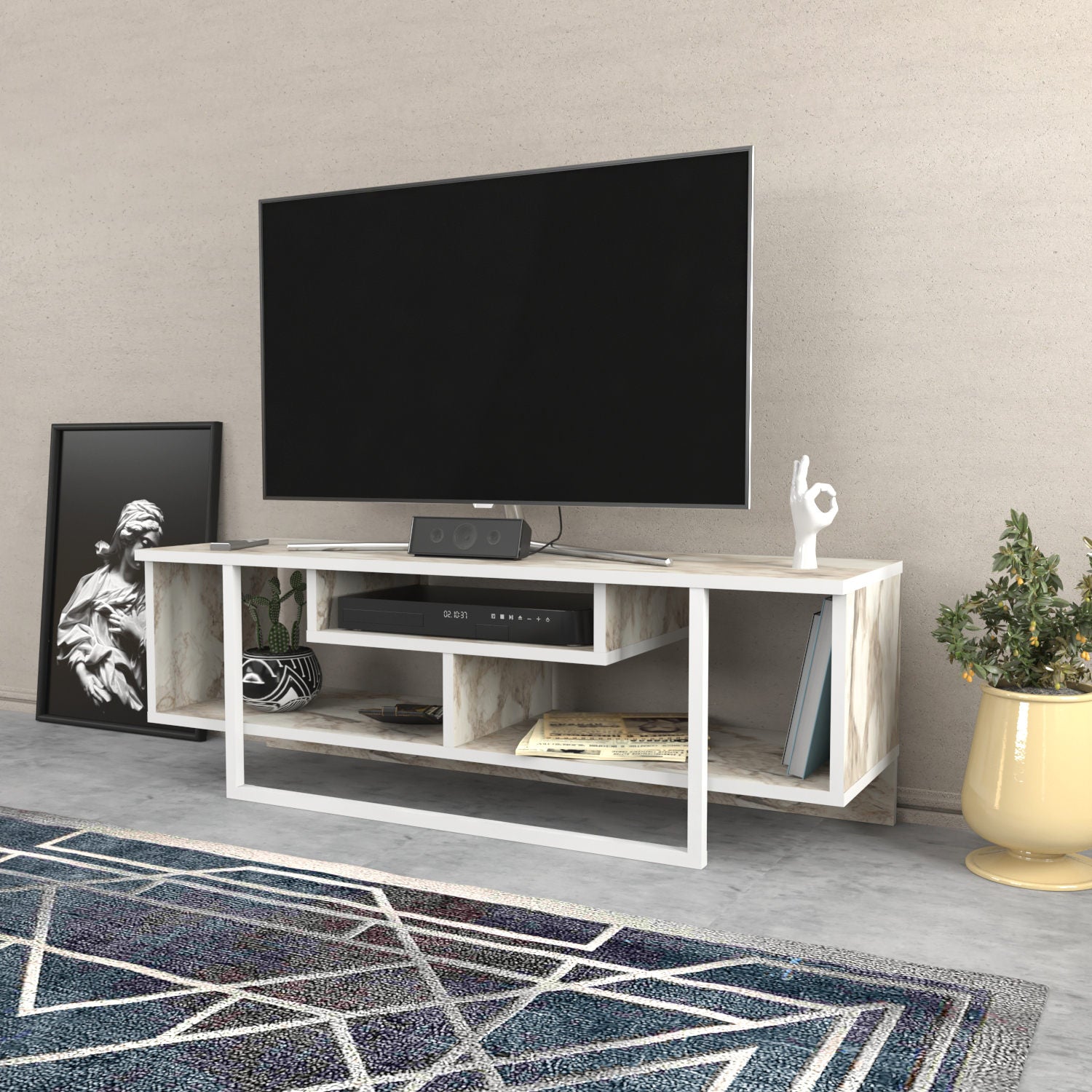 Suporte de TV elegante, branco, 120 cm x 35,2 cm x 40,2 cm | Painel de partículas 100% revestido de melamina, 18 mm de espessura | Design moderno para salas de estar e espaços de entretenimento