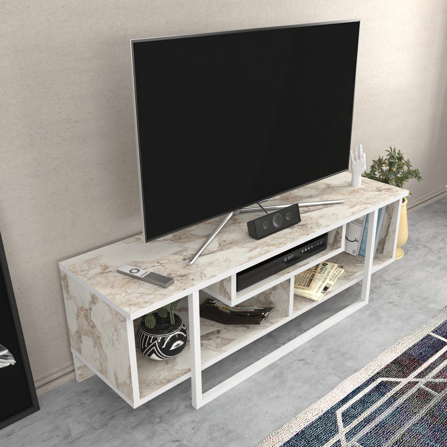 Suporte de TV elegante, branco, 120 cm x 35,2 cm x 40,2 cm | Painel de partículas 100% revestido de melamina, 18 mm de espessura | Design moderno para salas de estar e espaços de entretenimento