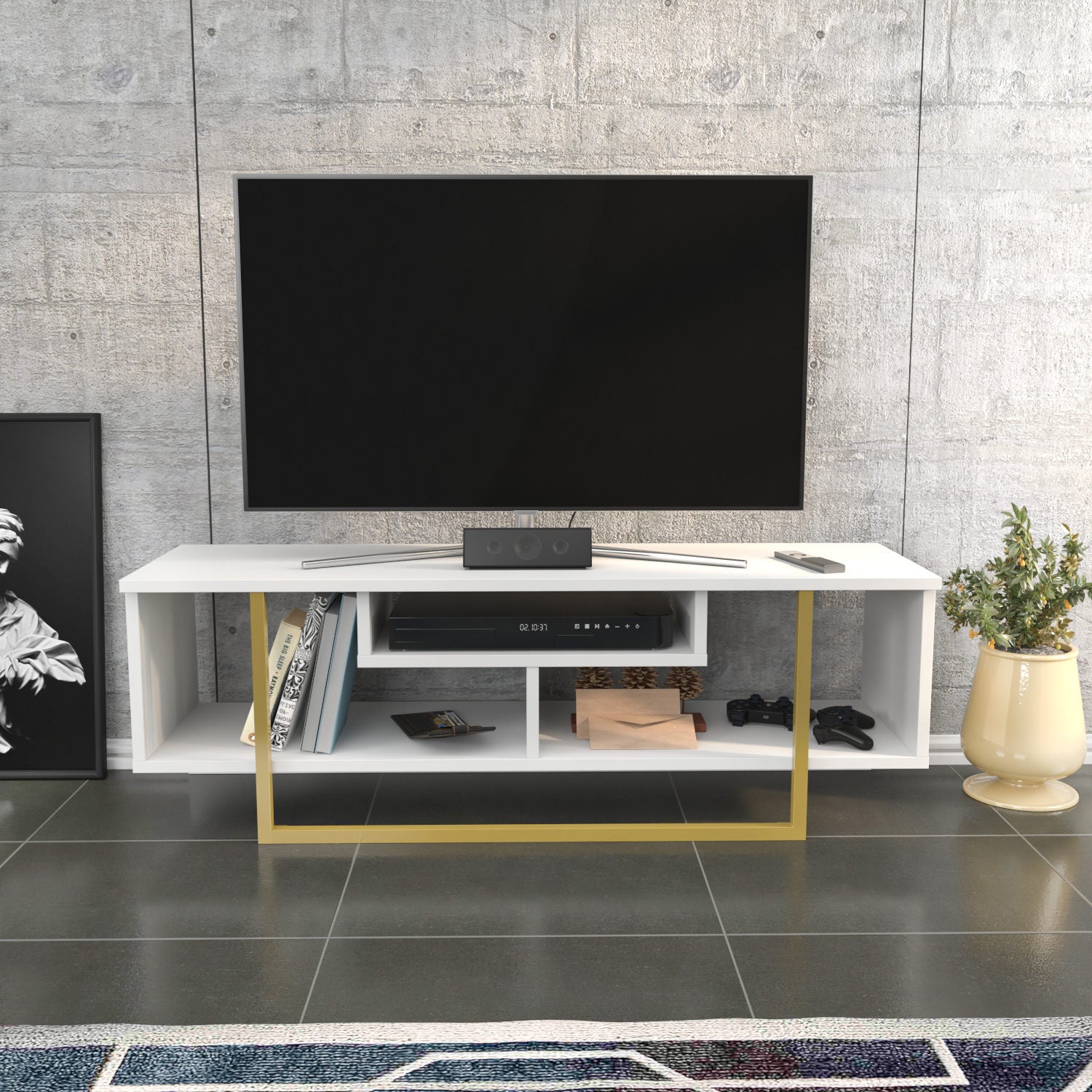 Suporte de TV Glamouroso, Dourado e Branco, 120 x 35,2 x 40,2 cm | Painel de partículas 100% revestido em melamina, 18 mm de espessura | Elegante e funcional para salas de estar modernas